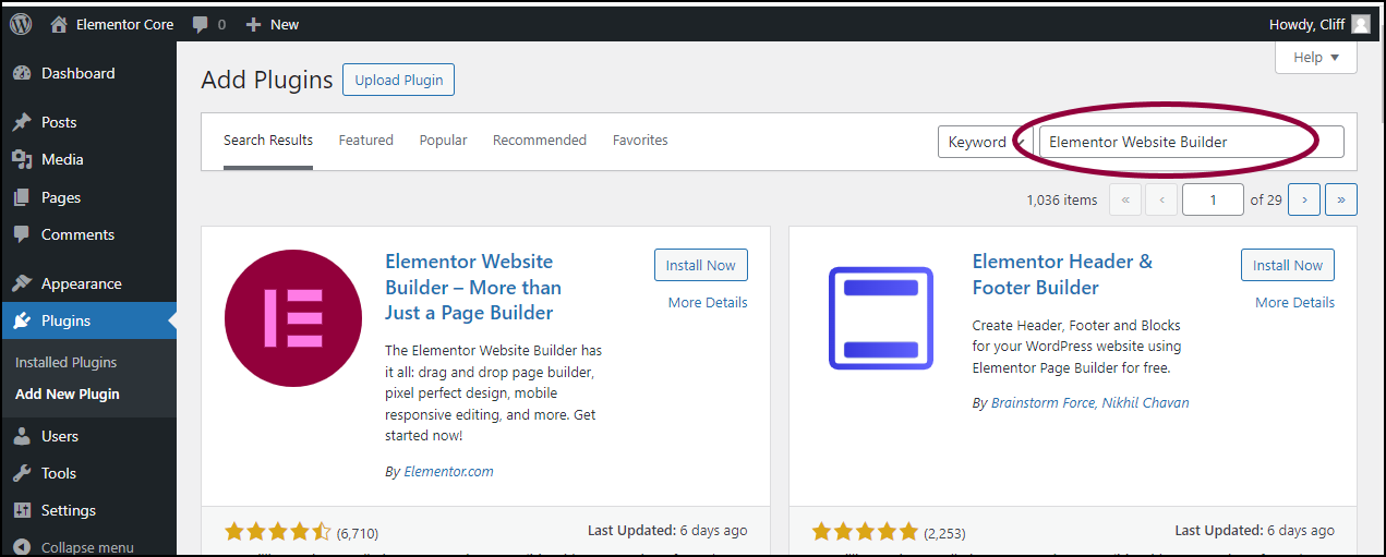 Install &amp; Activate Elementor Core » Elementor