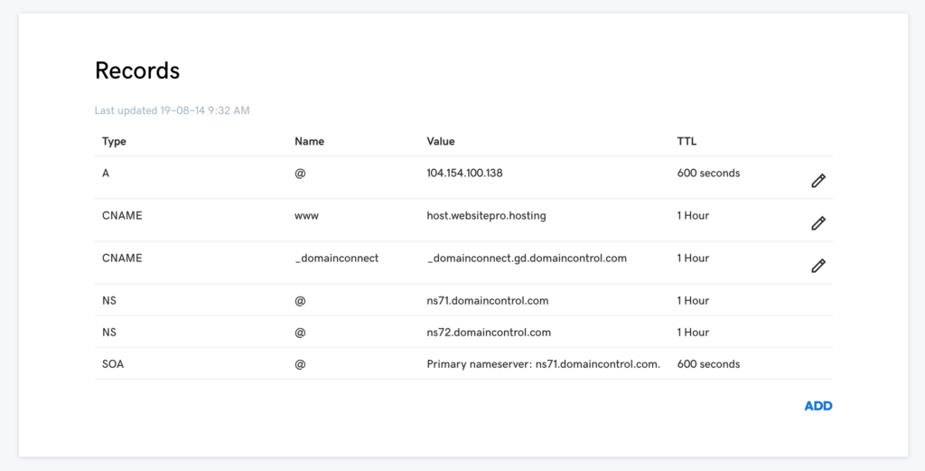 Screenshot of the "Records" section of GoDaddy's DNS page showing correctly configured DNS Records.