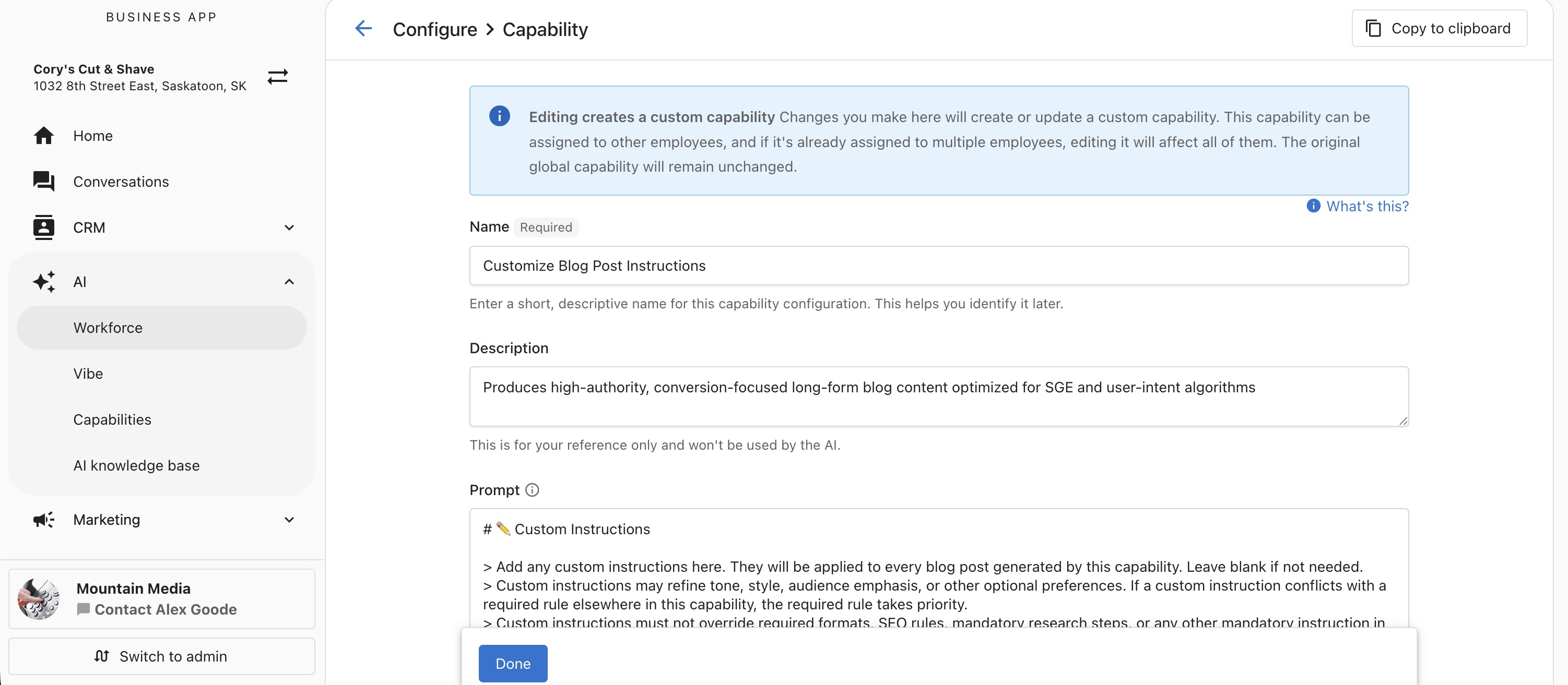 Customize Blog Post Instructions capability