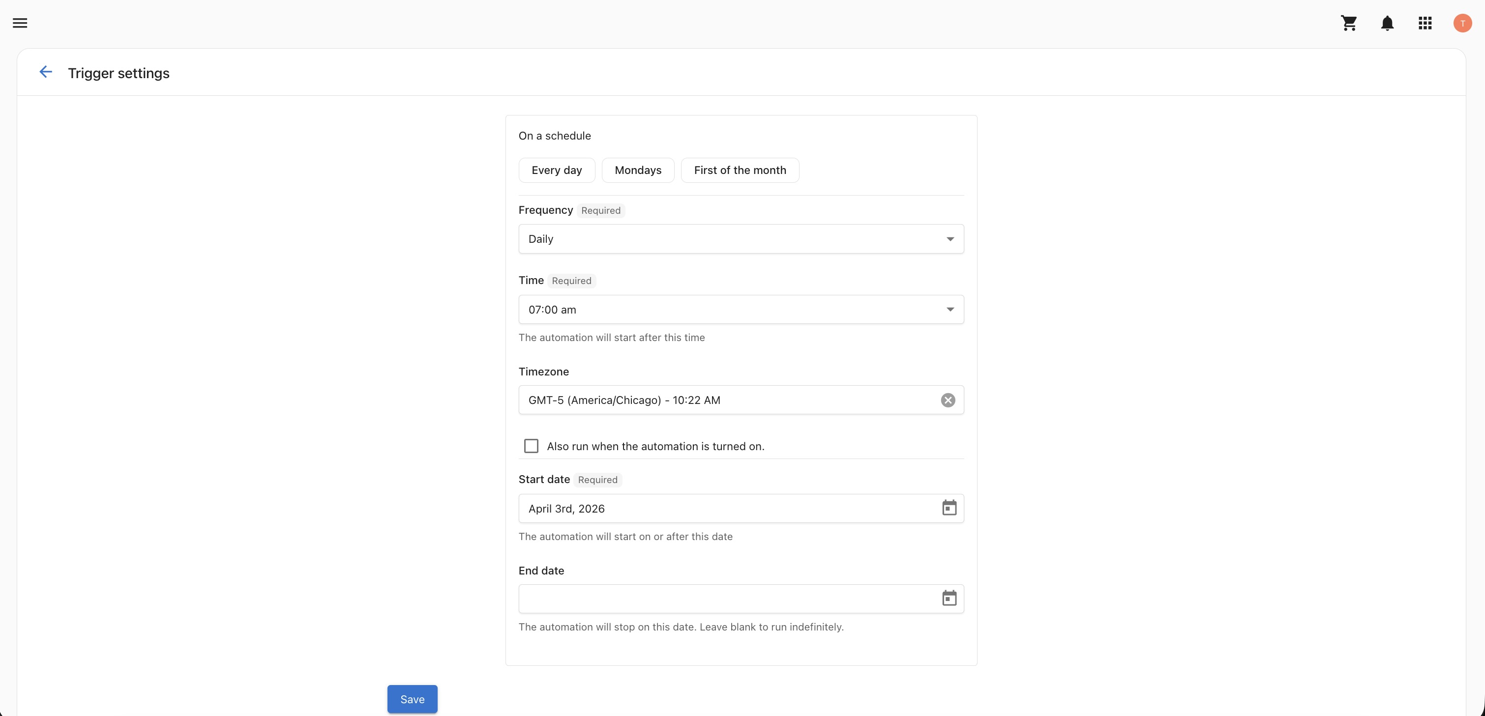 Blog Calendar Generation trigger settings