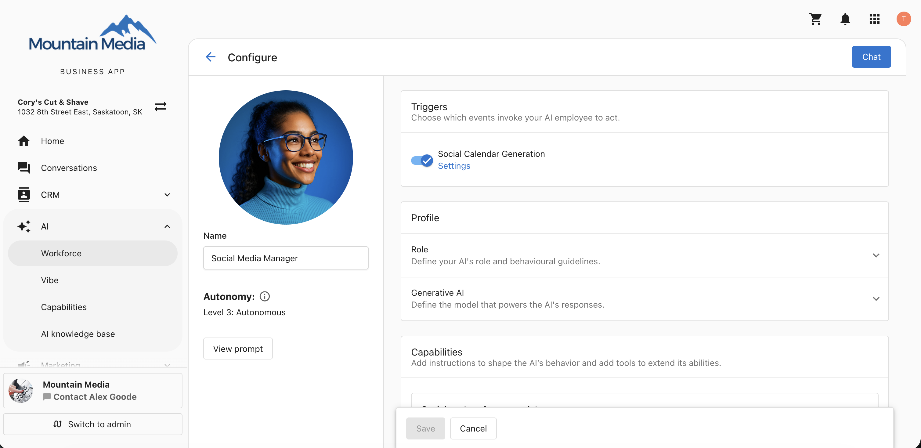 AI Social Media Manager configuration screen