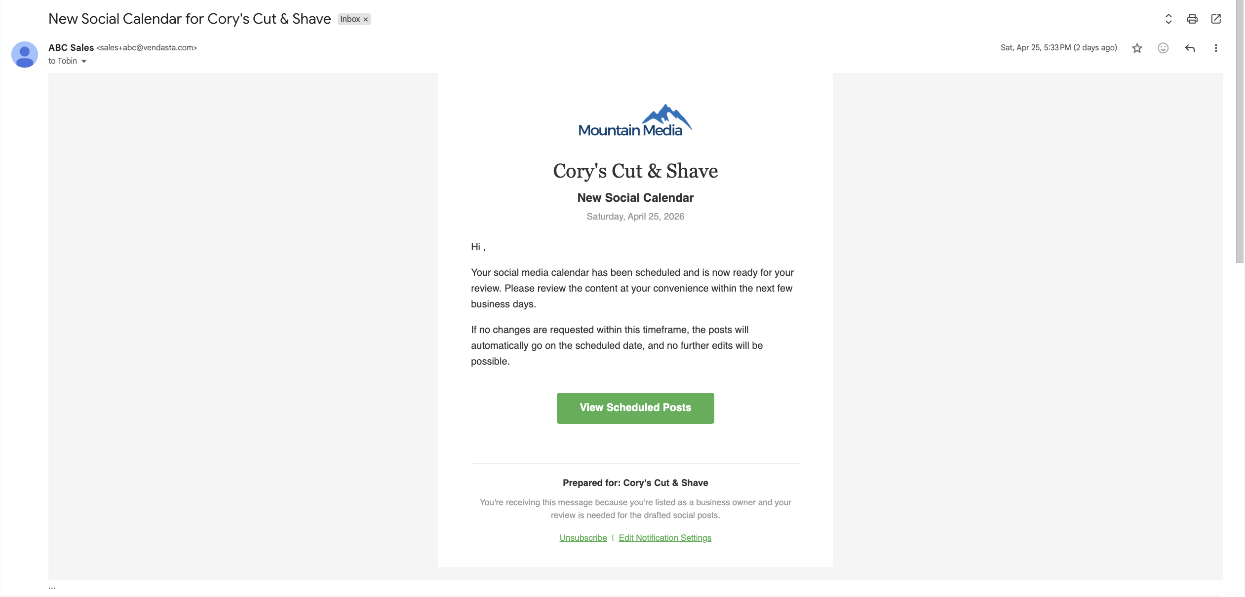 Email notification for a new social calendar