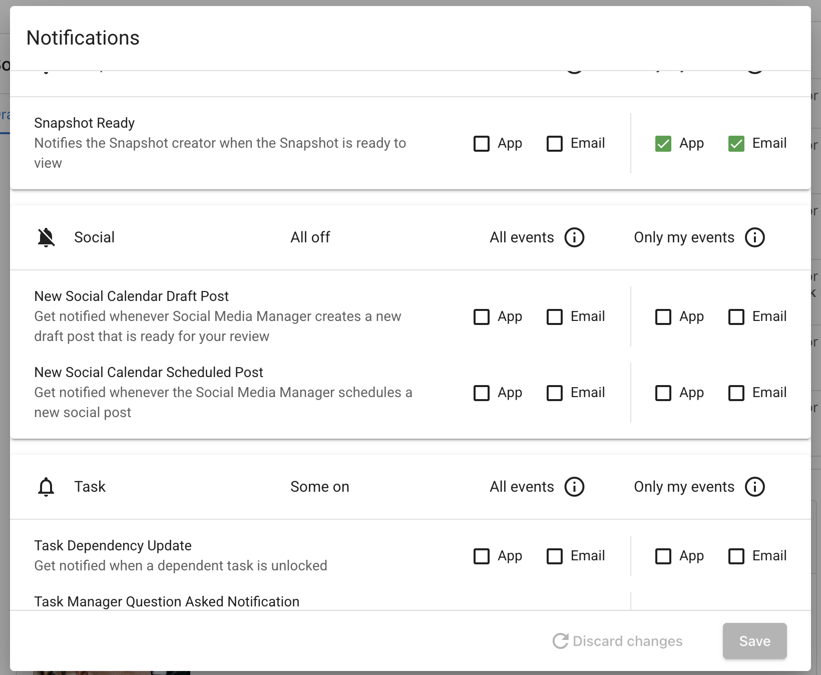 Notification settings for social calendar posts
