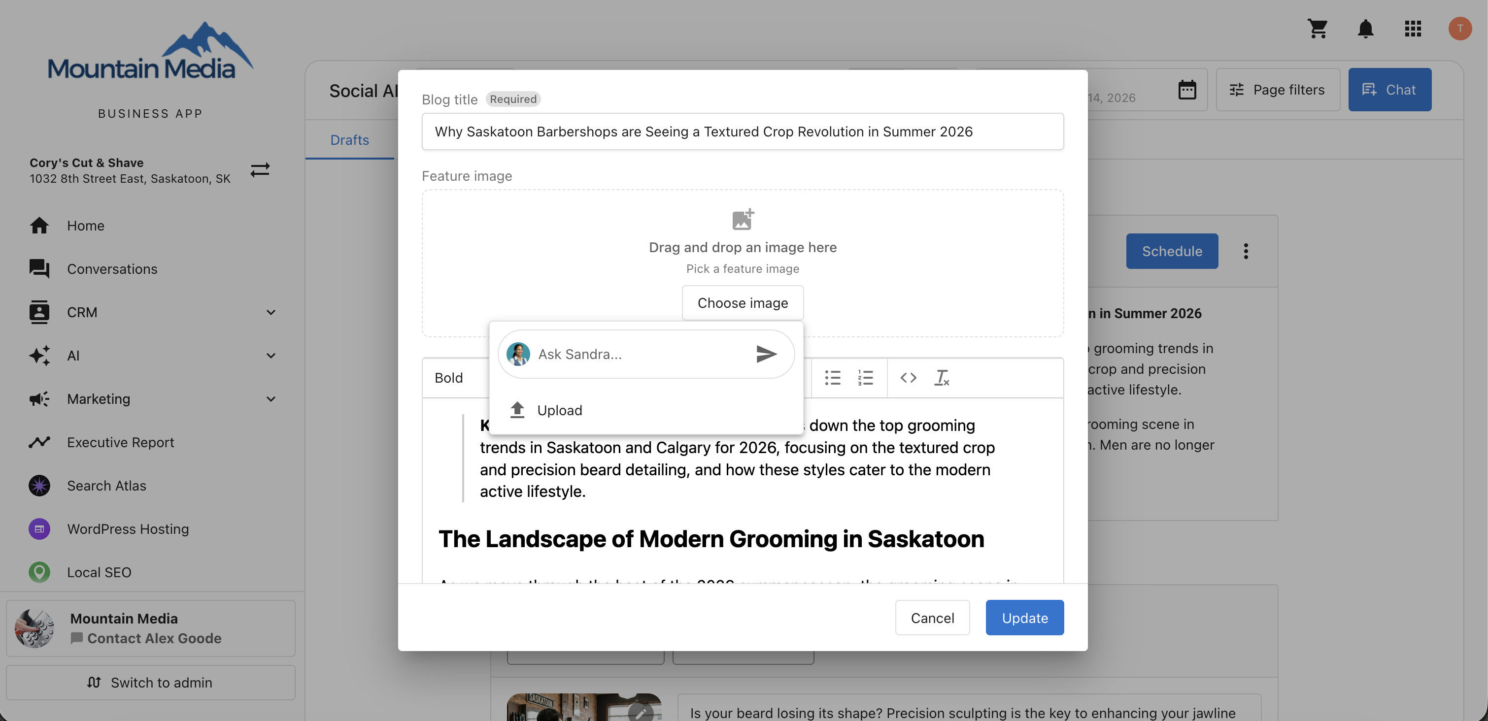 Add Media Workflow in Drafts and Scheduled Blog Posts Business App Social