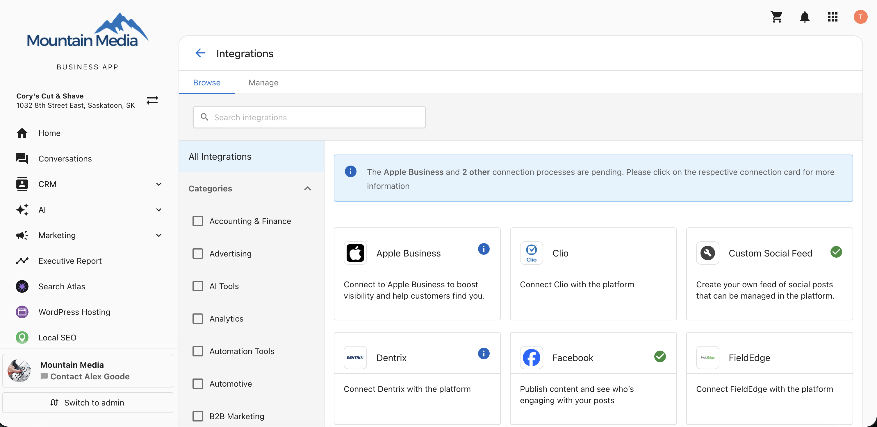 Browse tab in Business App Integrations