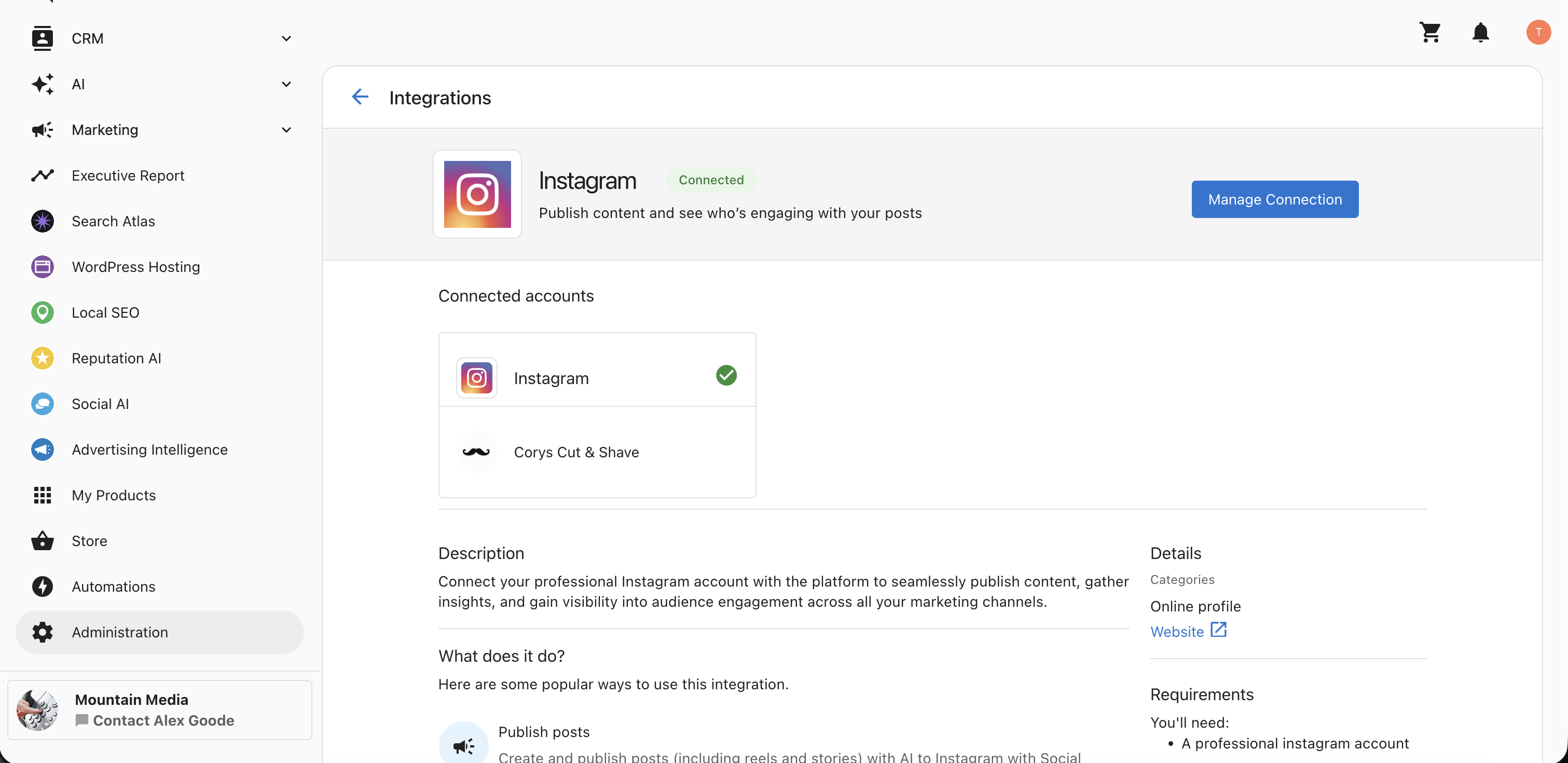 Manage Network screen in Business App Integrations