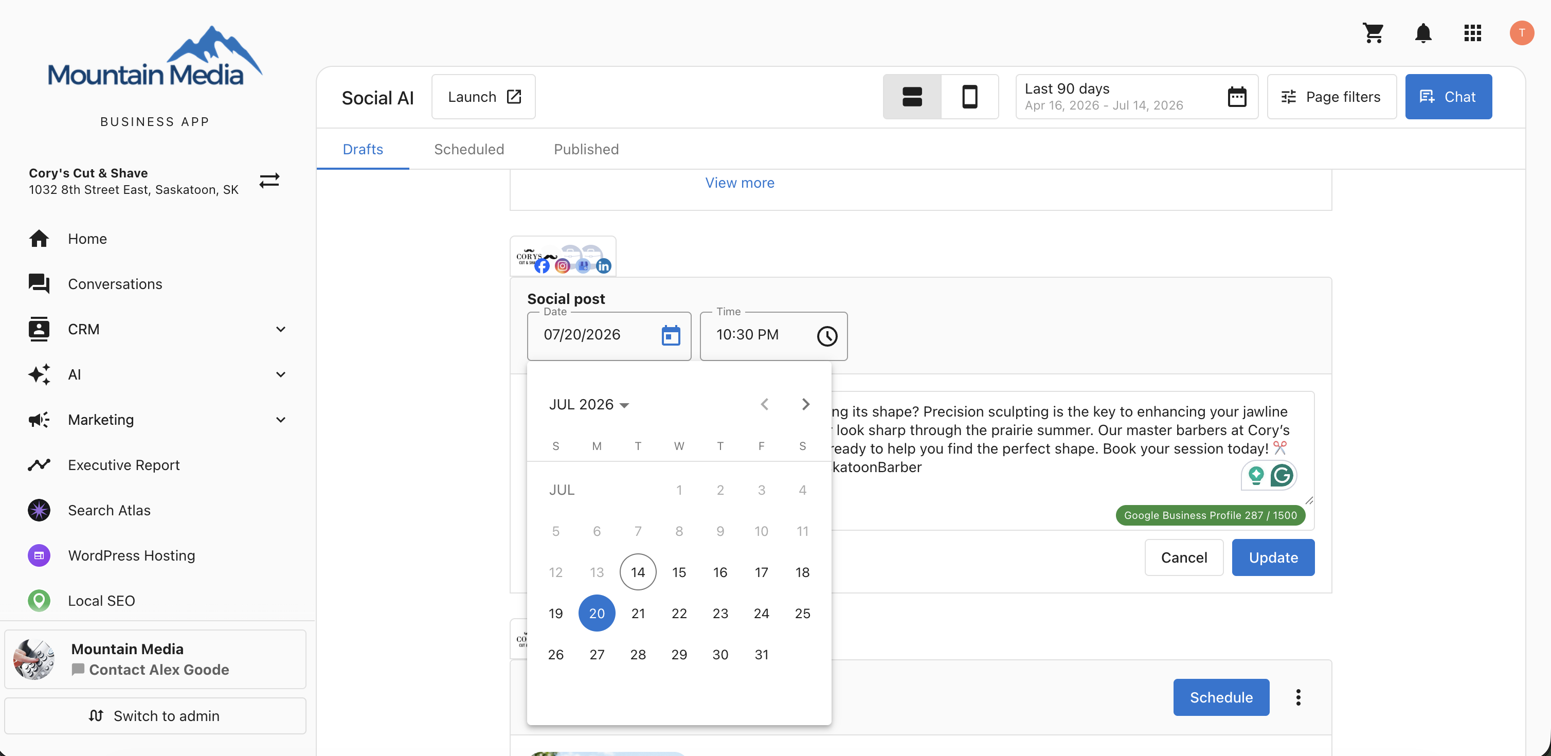 Date and Time Workflow in Drafts and Scheduled Social Posts Business App Social