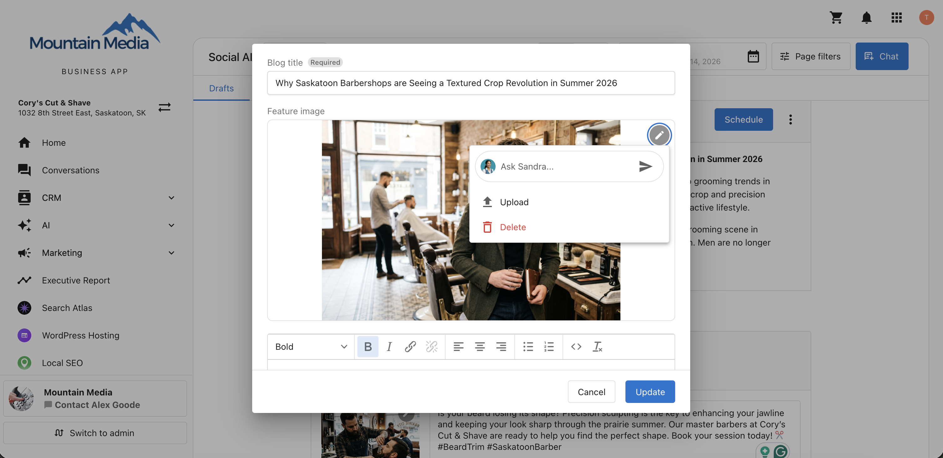 Edit Media Workflow in Drafts and Scheduled Blog Posts Business App Social