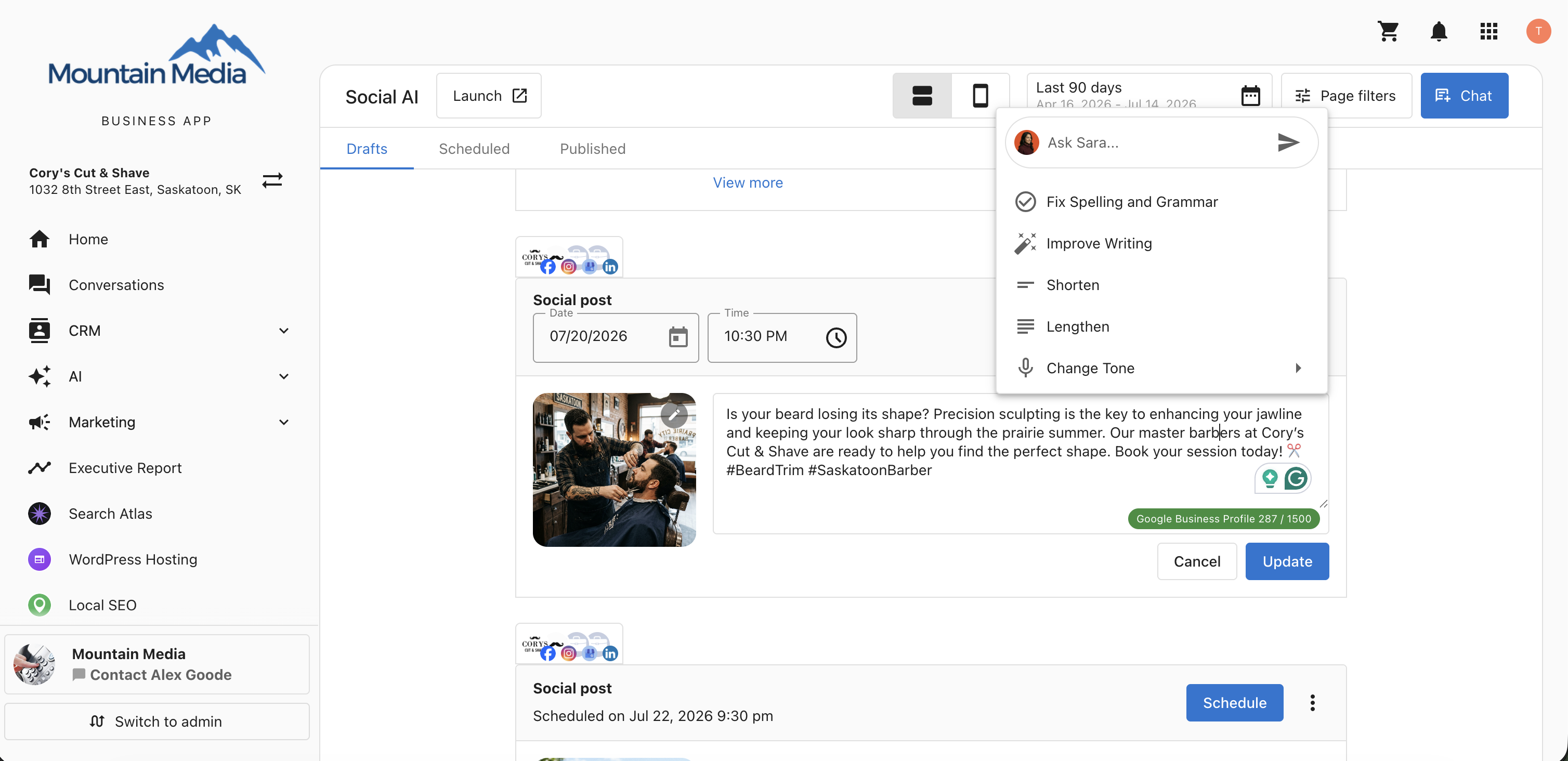 Edit Text Workflow in Drafts and Scheduled Social Posts Business App Social