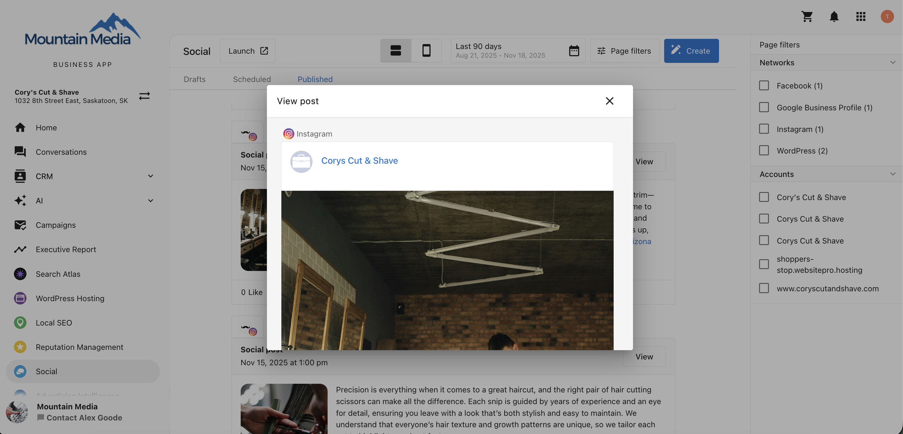 Manage Posts Business App Social Published View