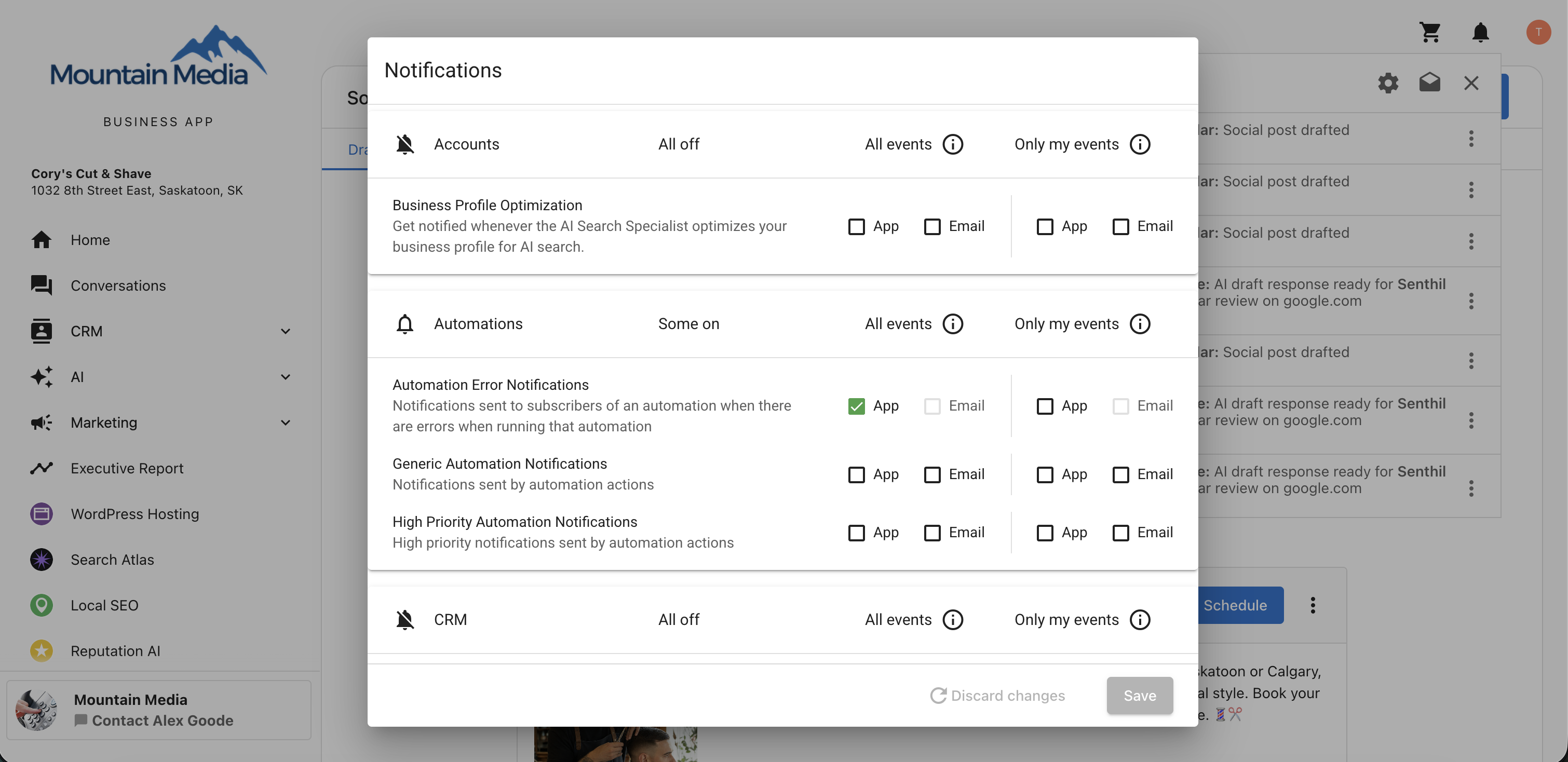 Notification settings pop-up
