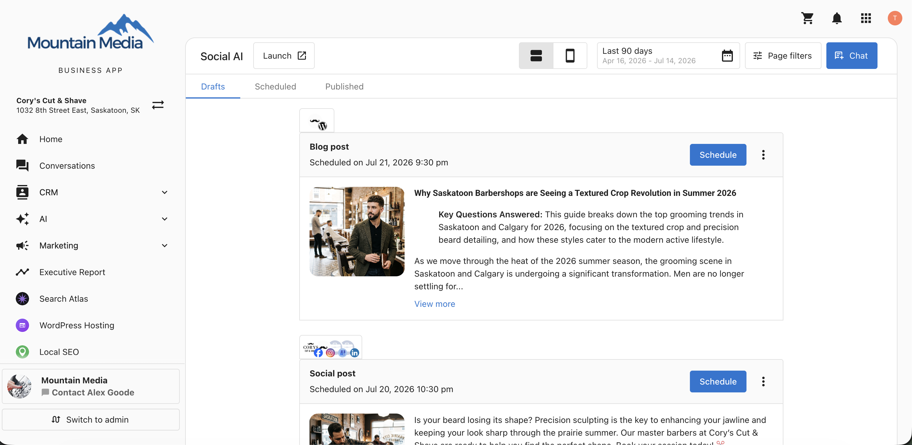 Scheduling a draft social post from the Business App