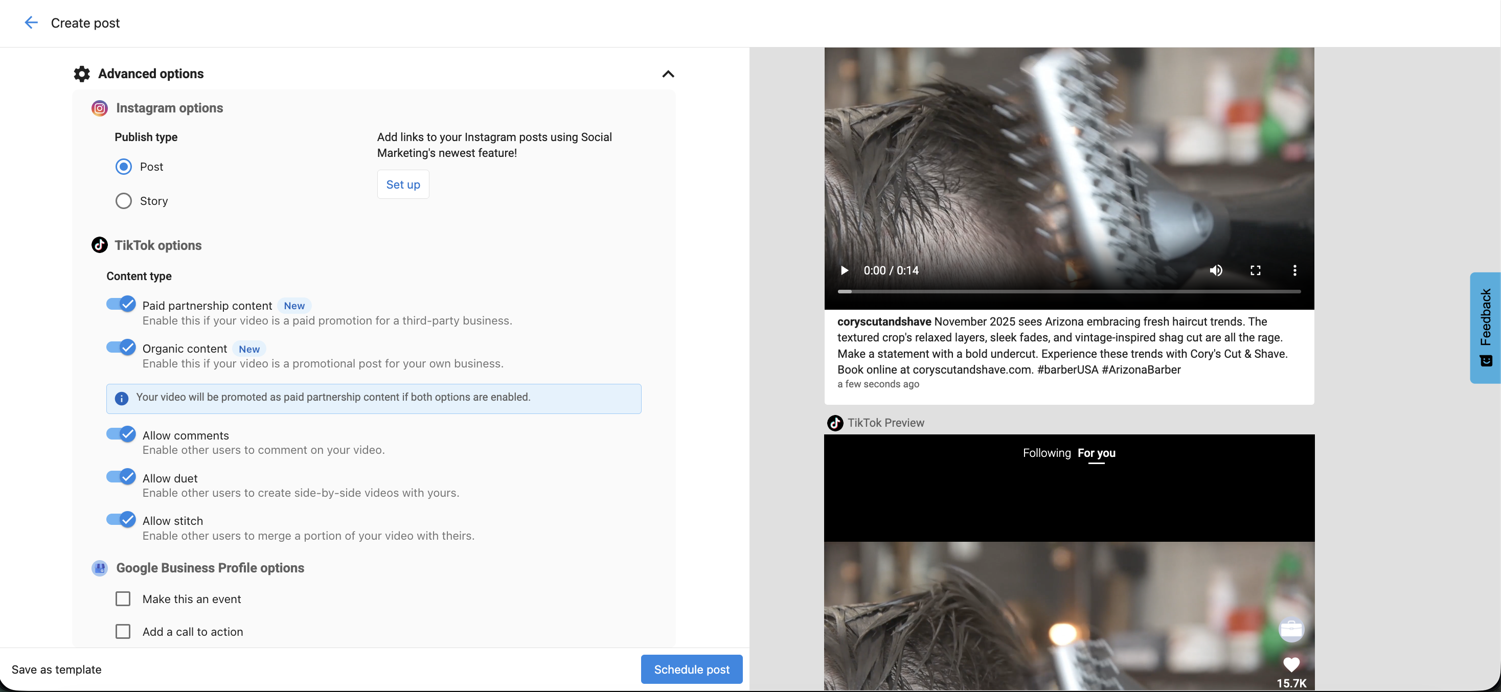 Social Marketing Composer Instagram and TikTok Preview