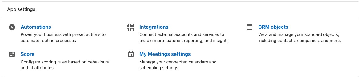 App settings page showing the Integrations tile among Automations, CRM objects, Score, and My Meetings settings