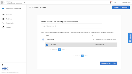 Account and tracking number selection