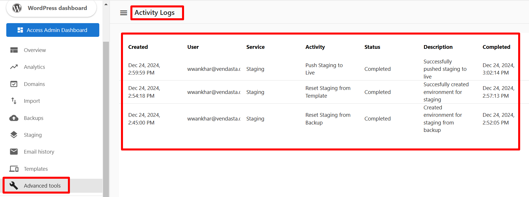 Activity log details showing columns for each entry