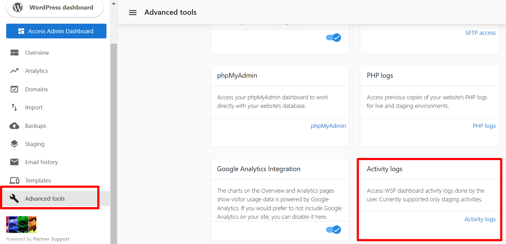 Activity Logs section in the Advanced Tools menu