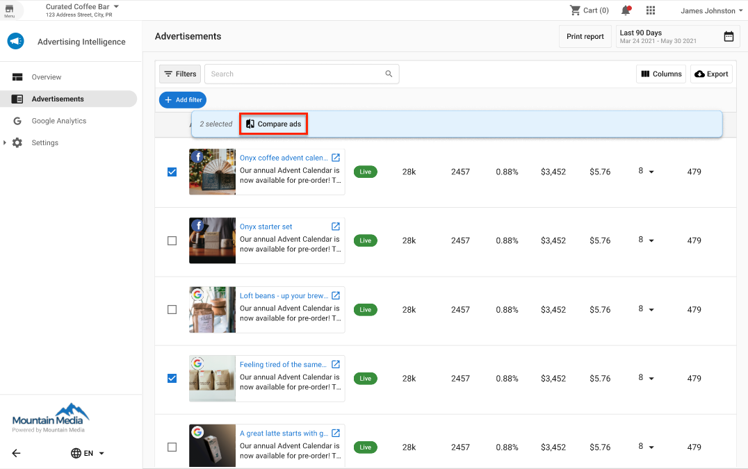 Select ads to compare