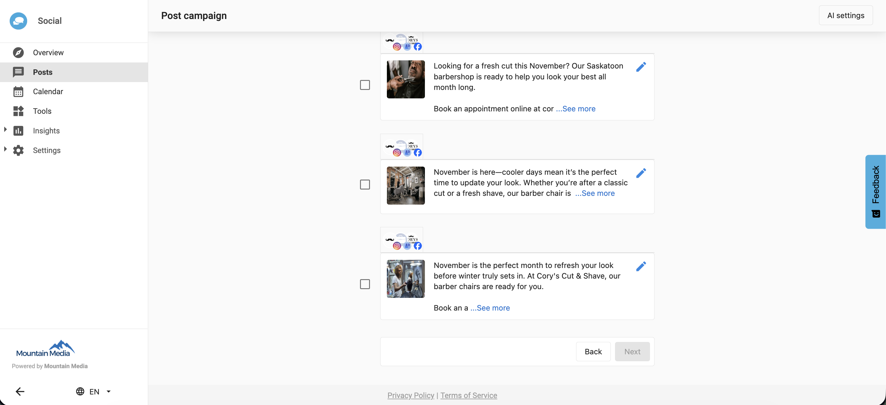 Post Campaign screen showing 20 posts generated