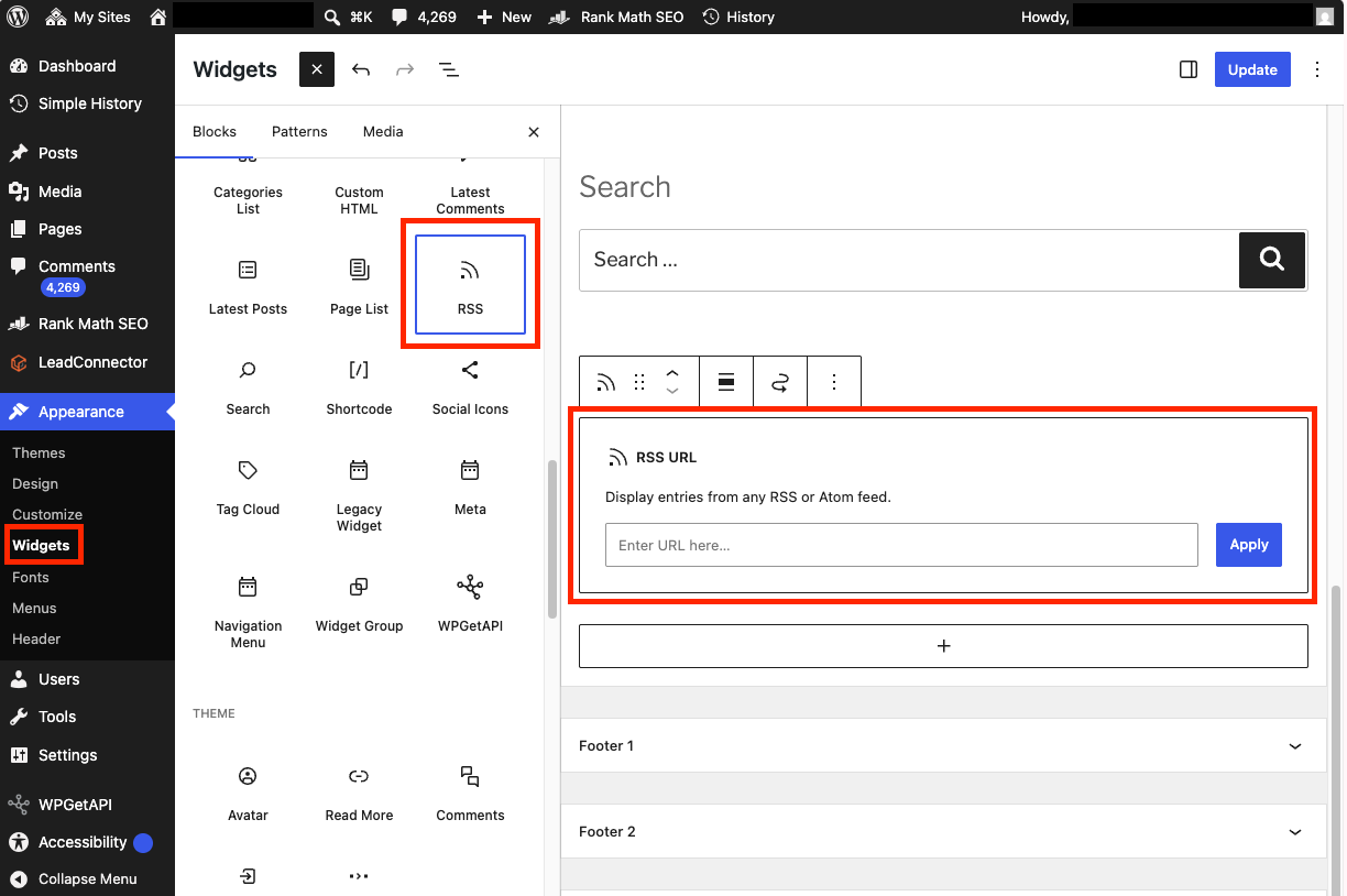 Selecting the RSS block in the WordPress Widgets editor
