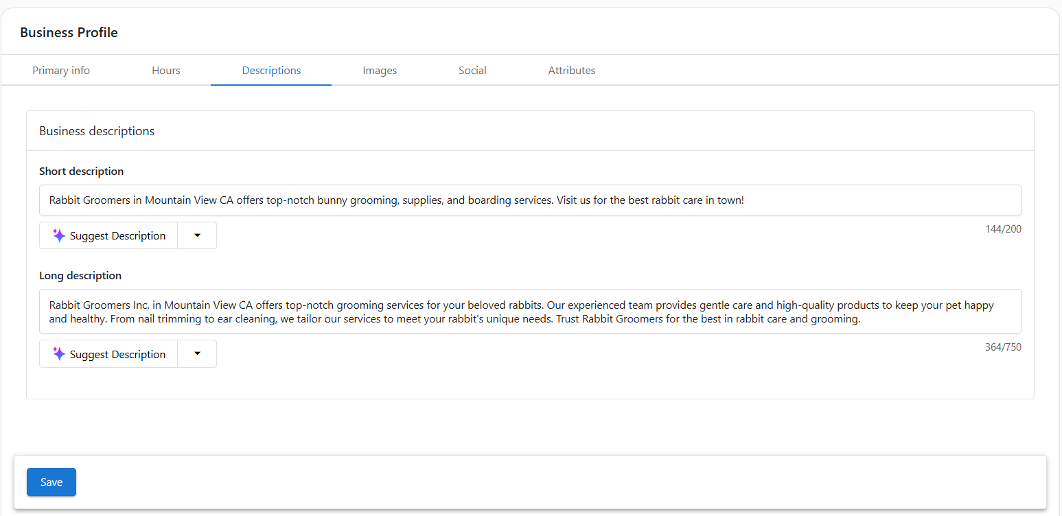 Business Profile Descriptions tab showing short and long description fields