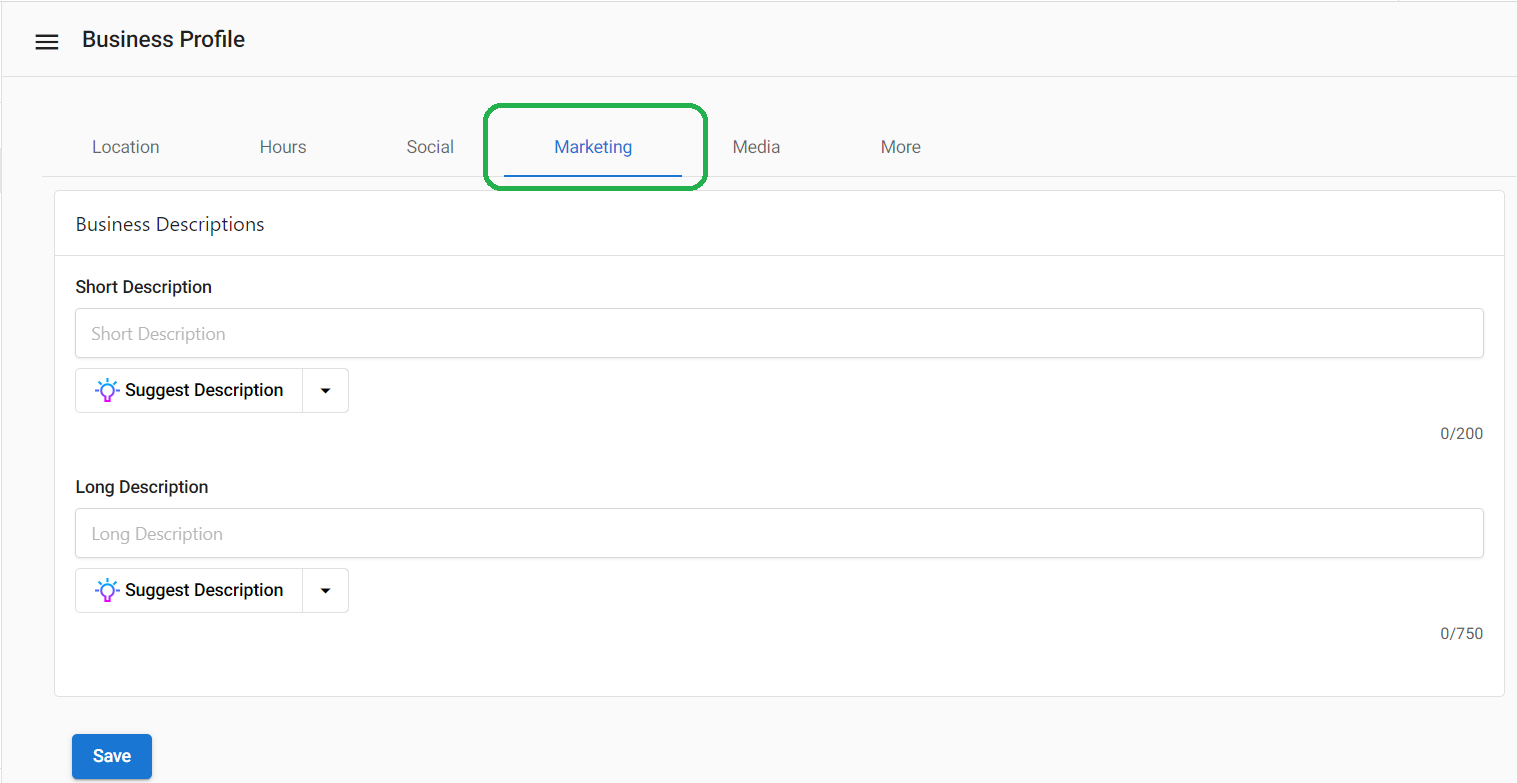 Business Profile Marketing tab
