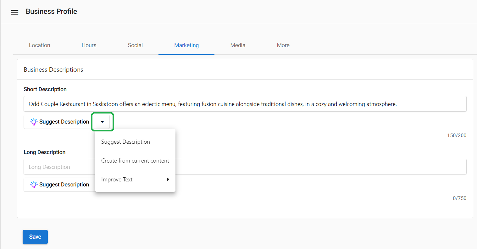 Description options menu including create from current content