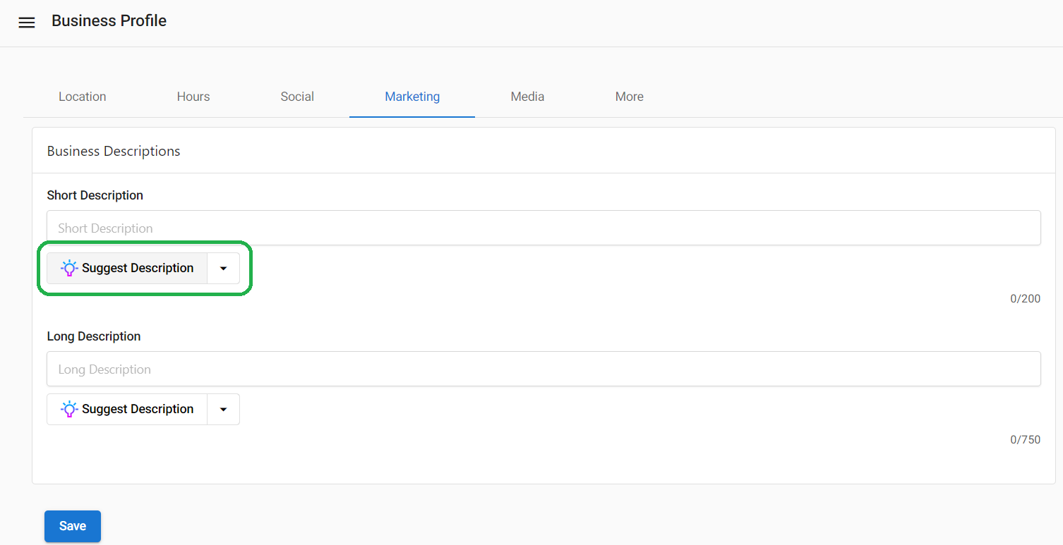 Suggest Description button in Marketing tab