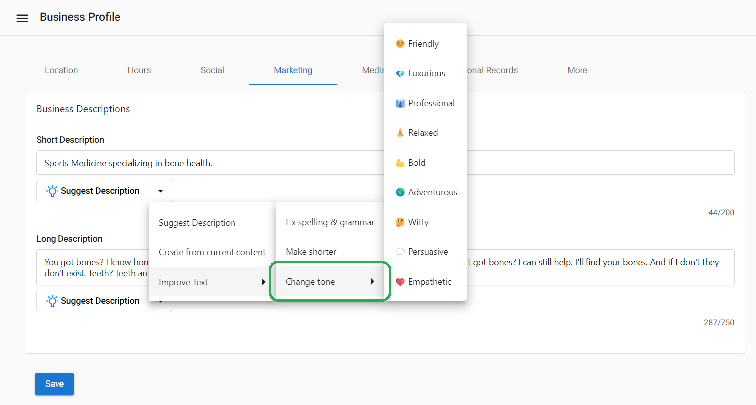 Tone options like friendly, professional, witty