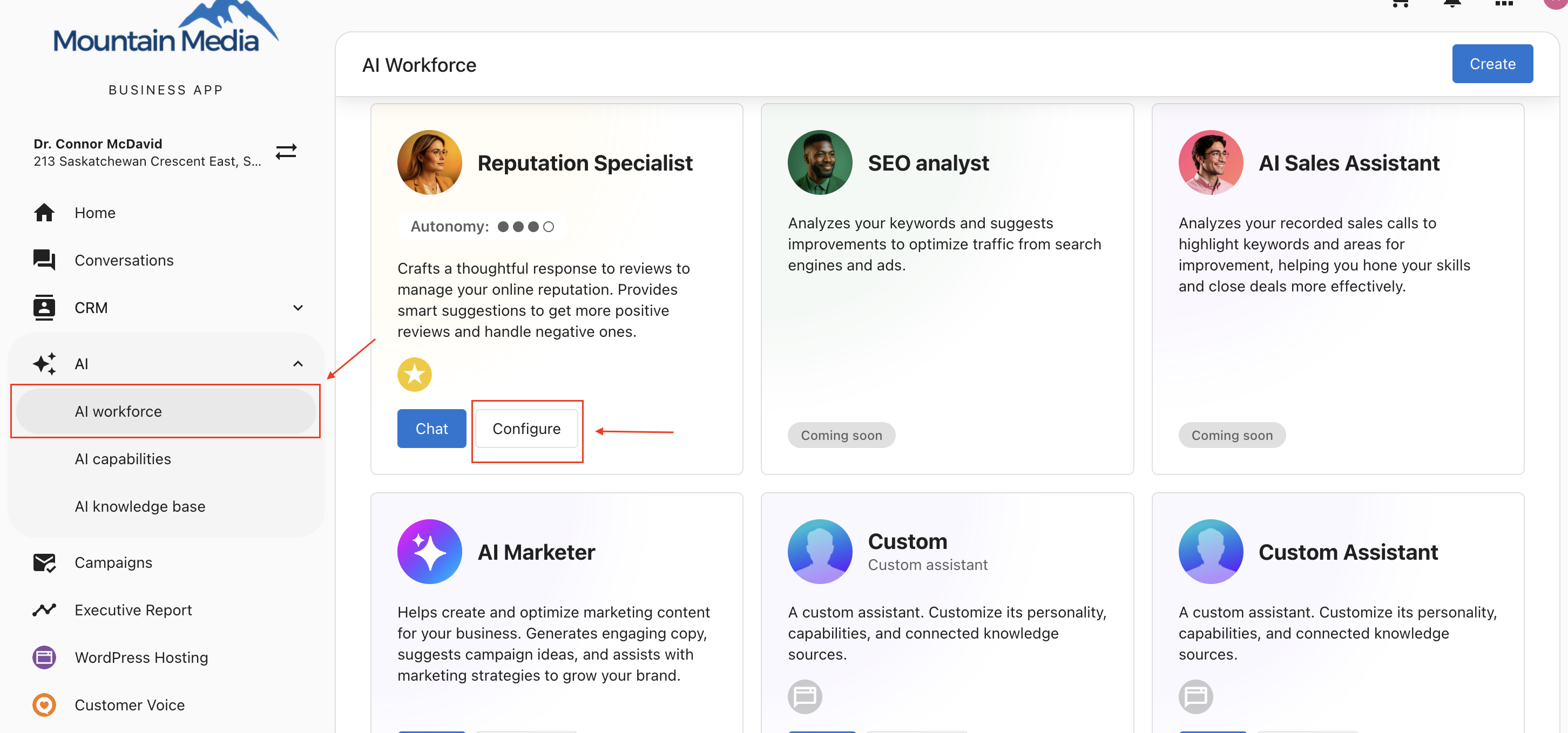 AI Workforce page showing the Reputation Specialist card with the Configure button highlighted