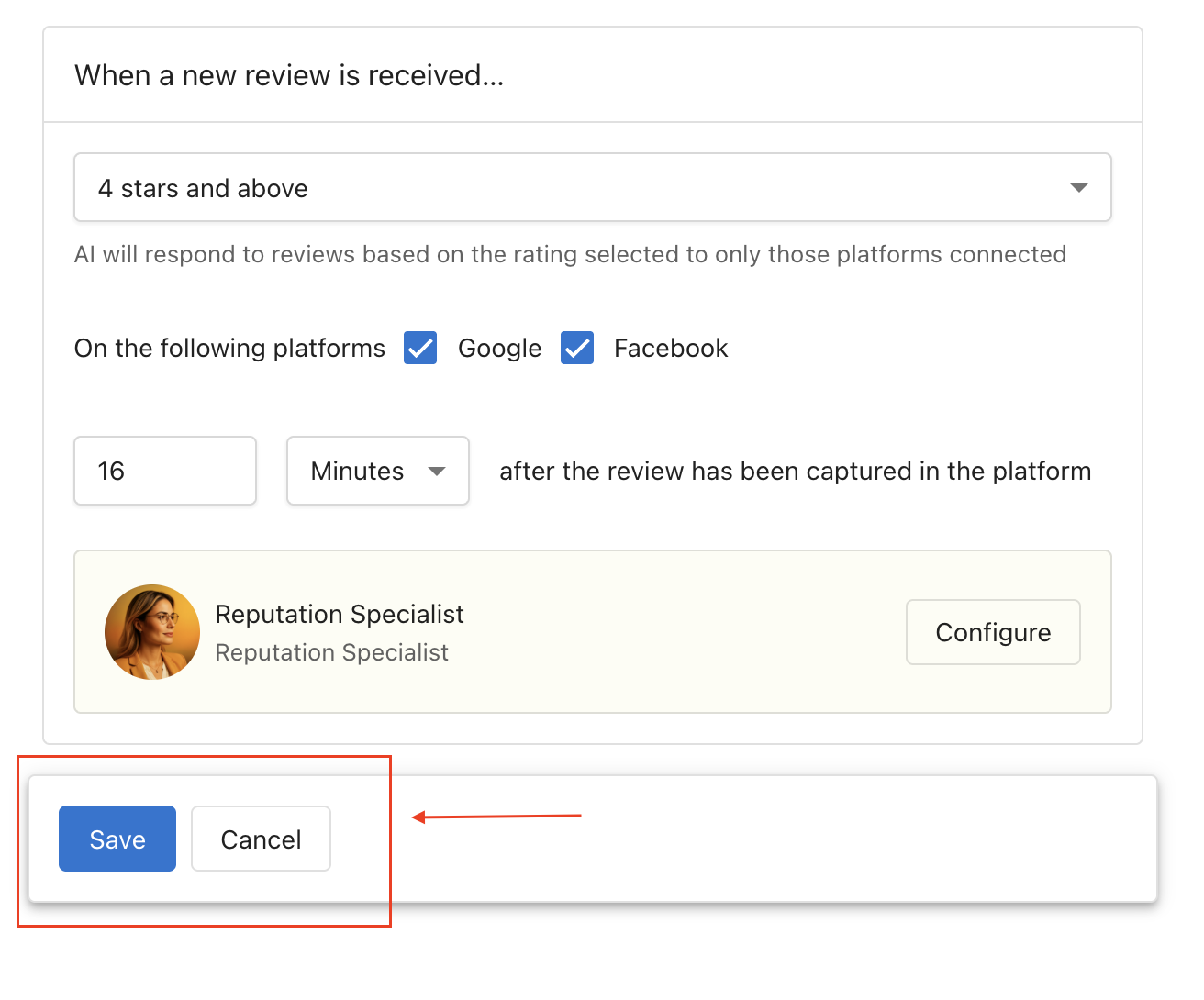 Trigger settings panel with the Save button highlighted to apply review response settings