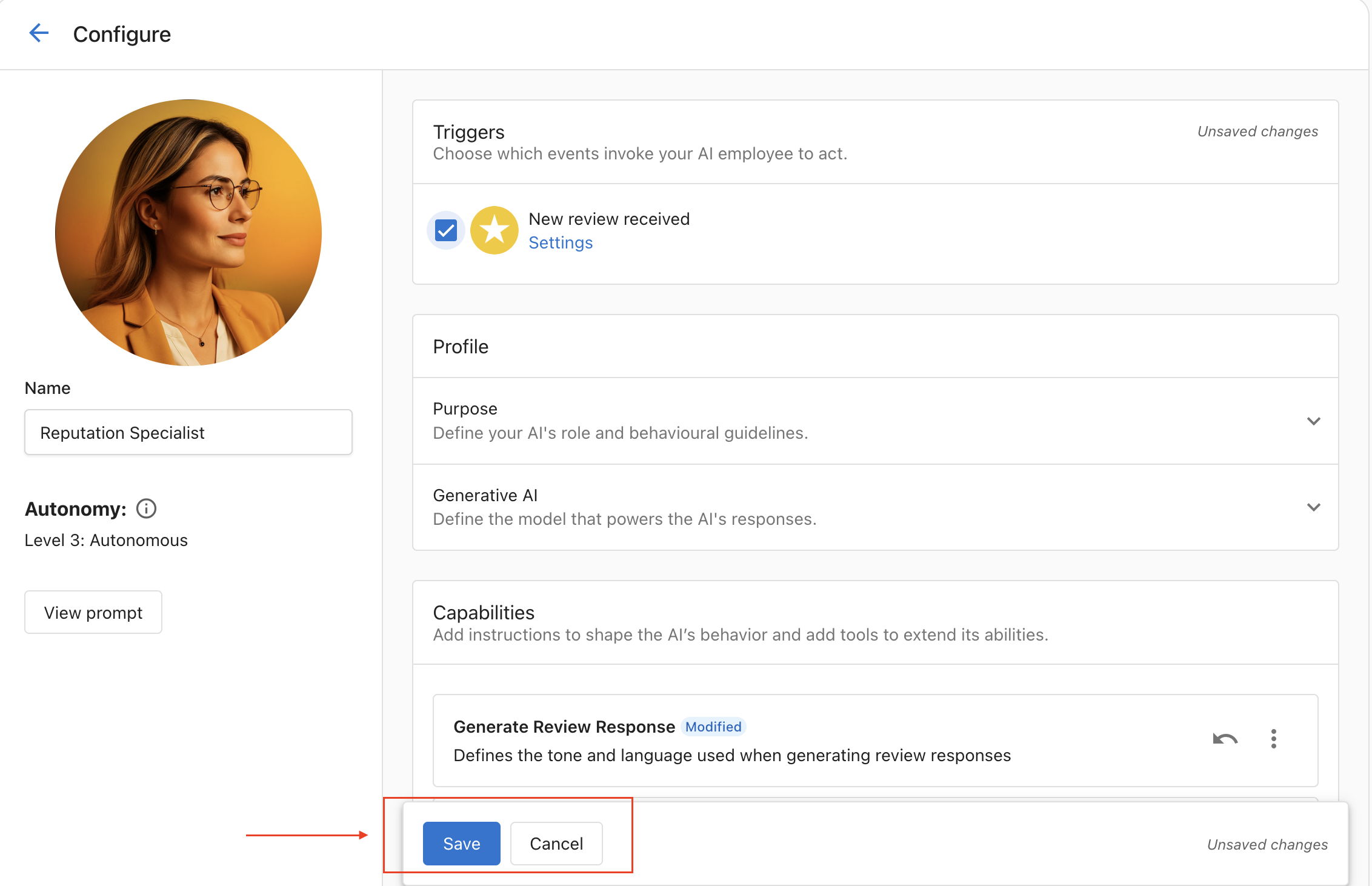Configure page with the New review received trigger enabled and the Save button highlighted