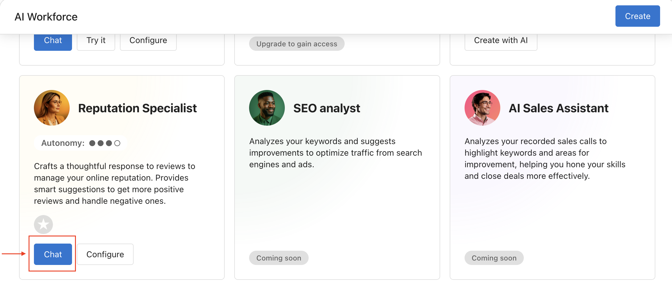 AI Workforce page with the Chat button highlighted on the Reputation Specialist card