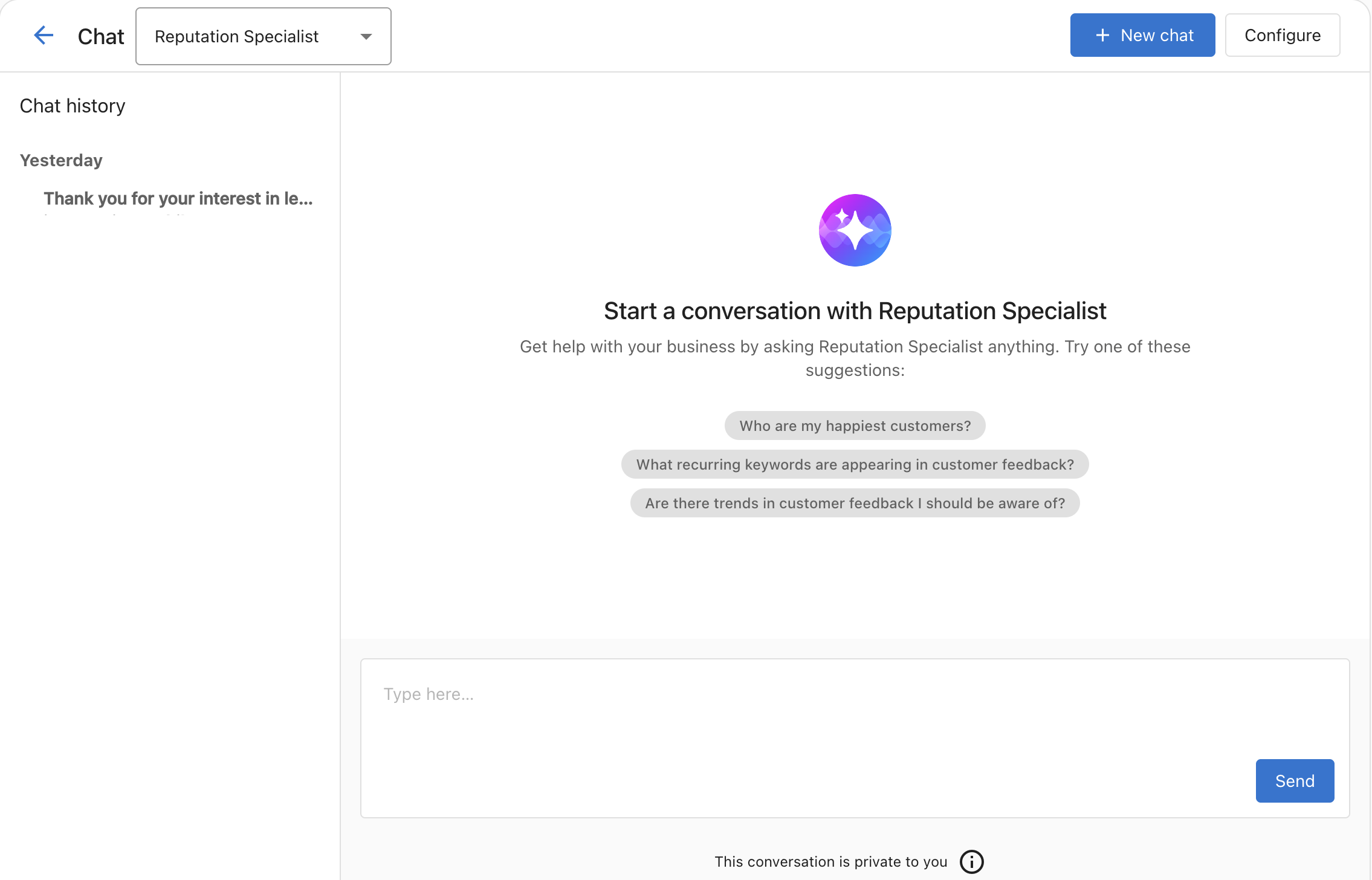 Chat interface for the Reputation Specialist with suggested questions about customer feedback