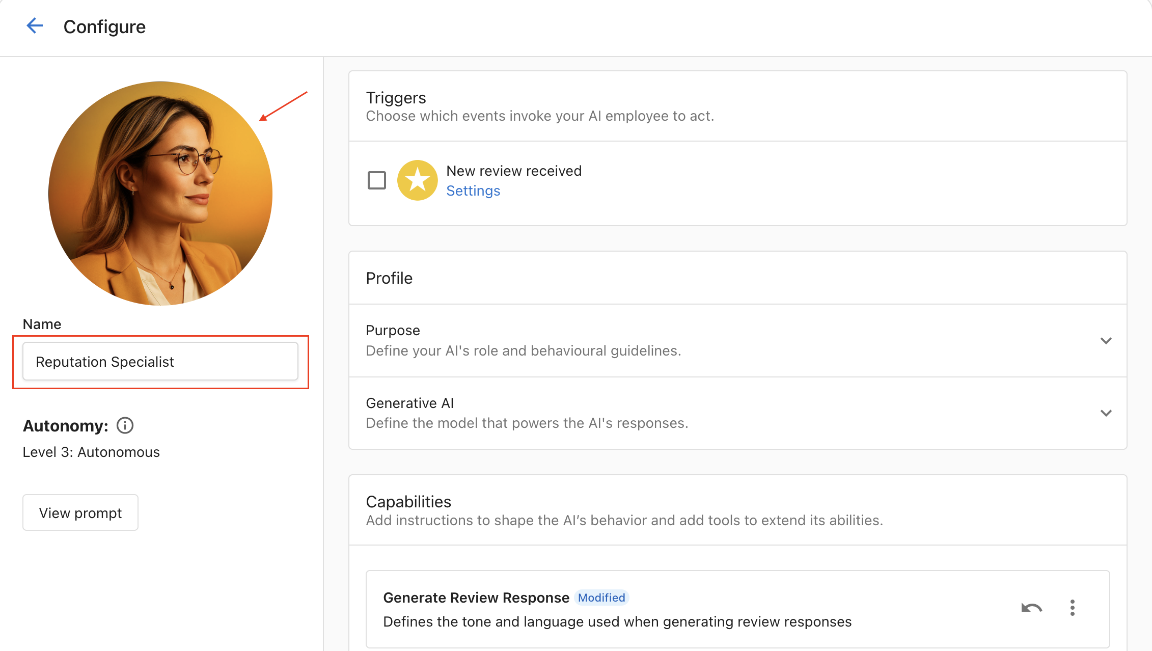 Configure page for the Reputation Specialist showing the profile picture and name field