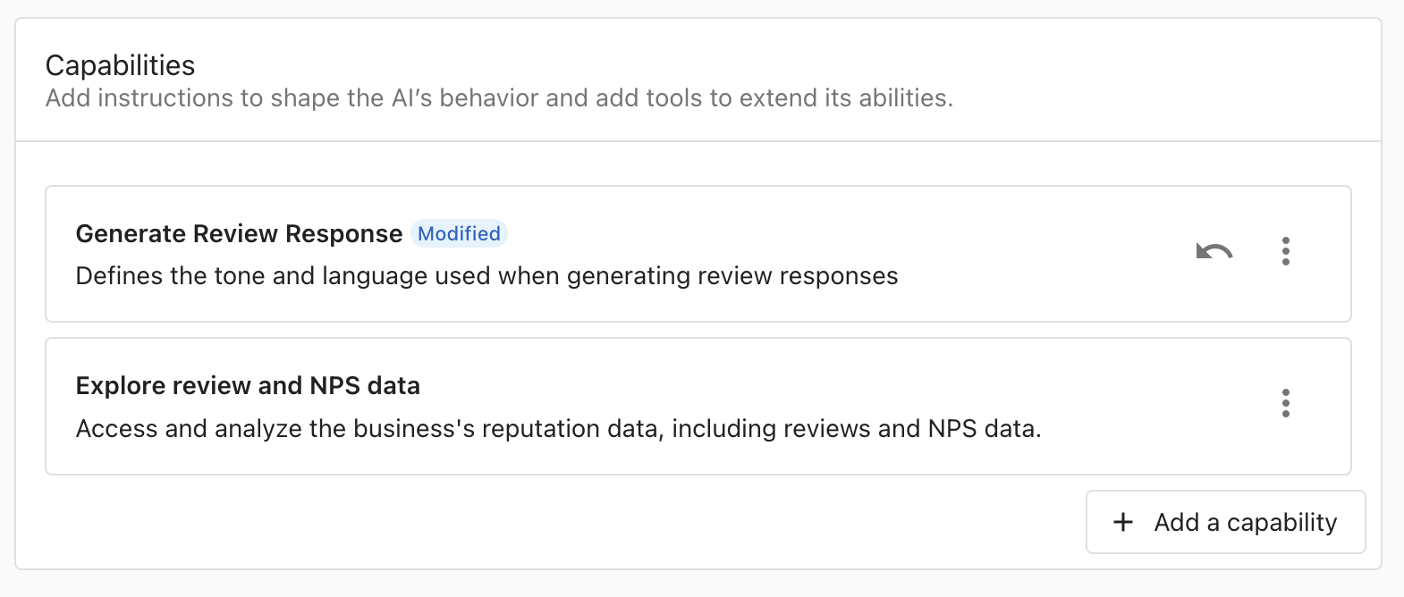 Capabilities section listing the Generate Review Response and Explore review and NPS data capabilities