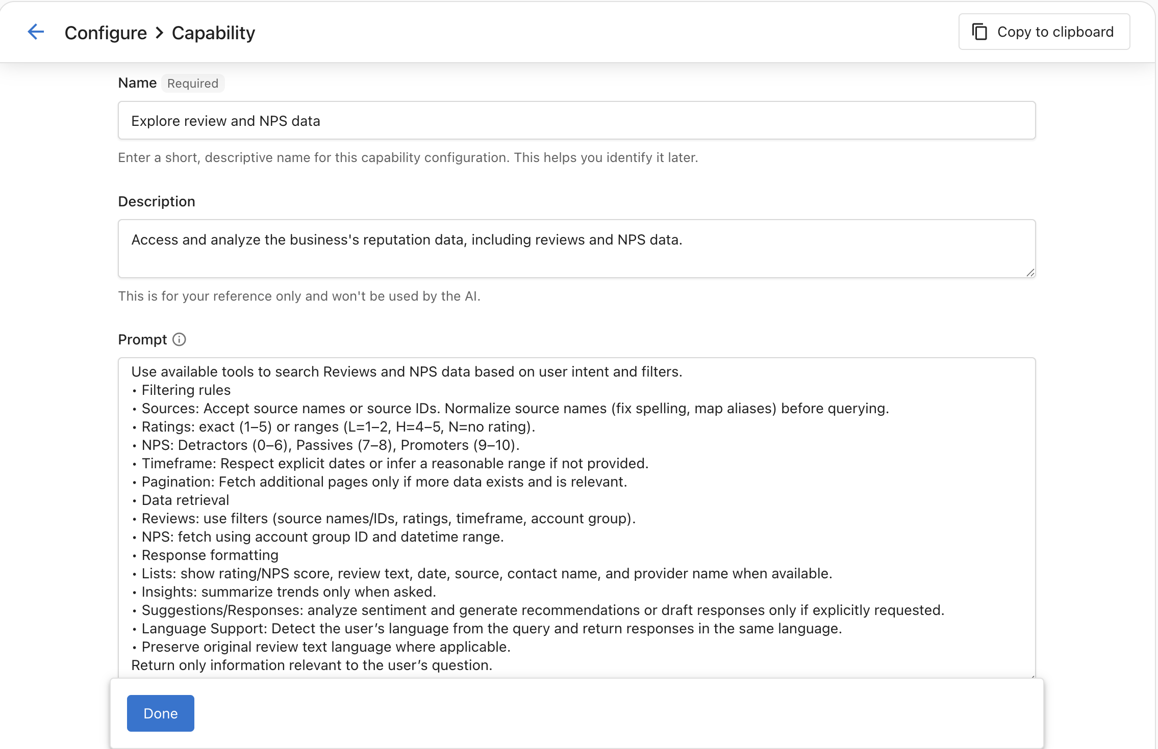 Explore review and NPS data capability configuration showing its name, description, and prompt
