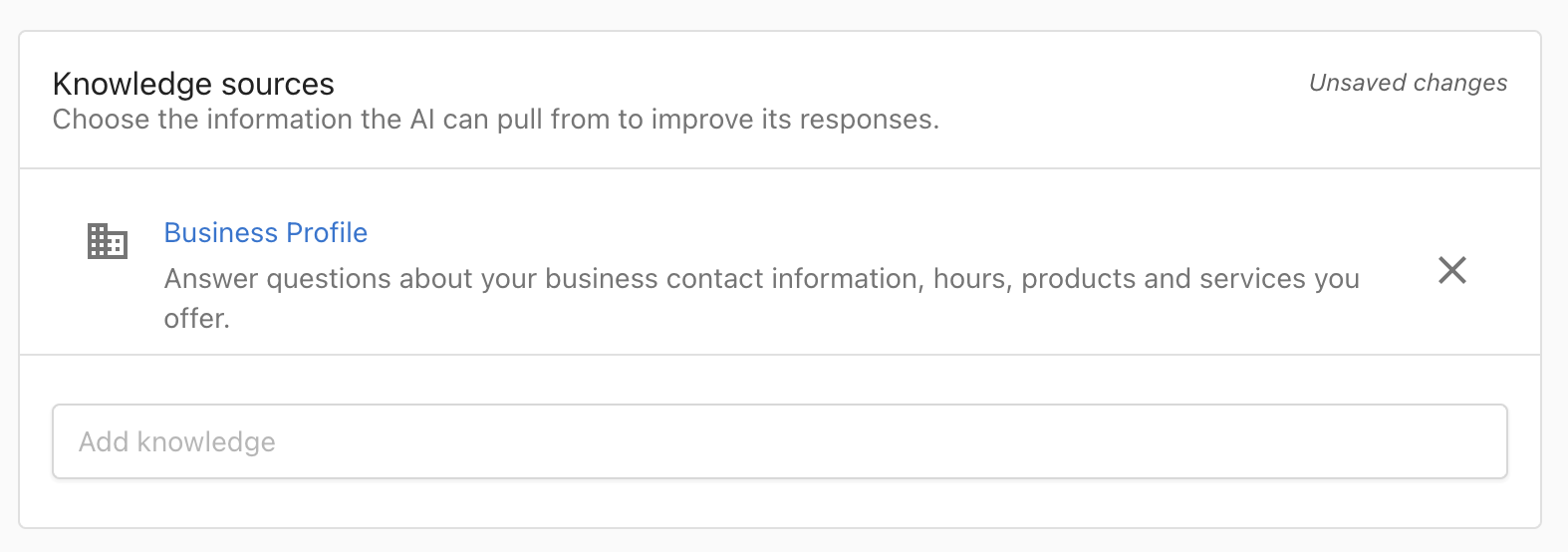 Knowledge sources section with the Business Profile source added