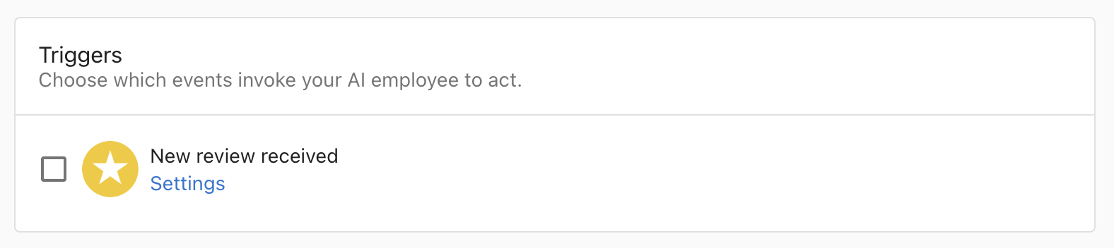 Triggers section showing the New review received trigger with a Settings link