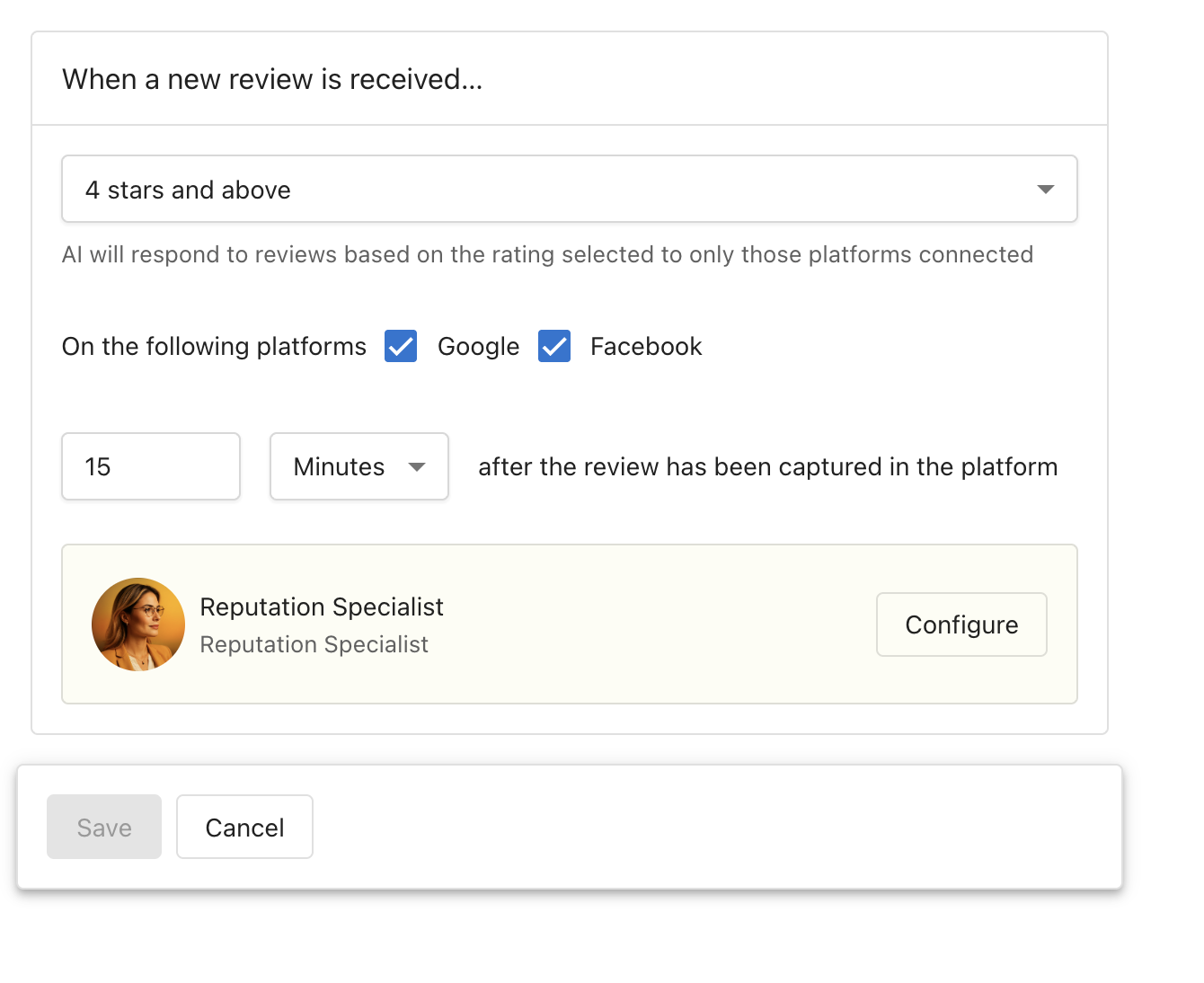Trigger settings for star rating, platforms, and response delay when a new review is received