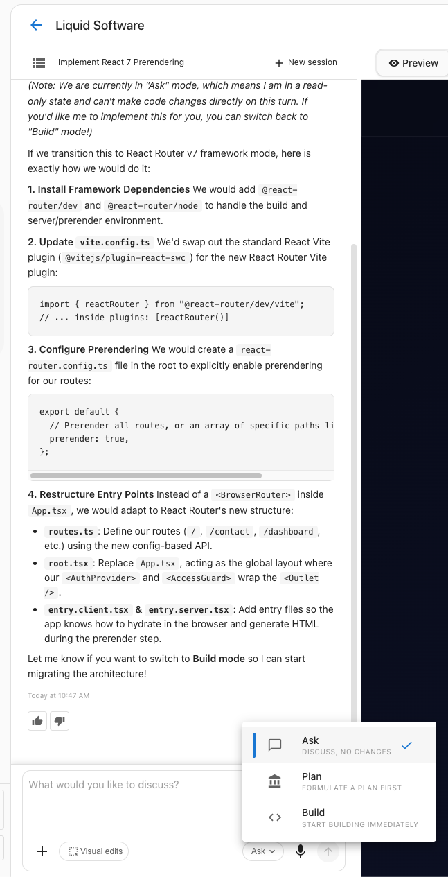 The Vibe chat input with Ask mode selected