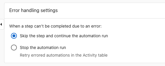 Error handling settings options in automation settings