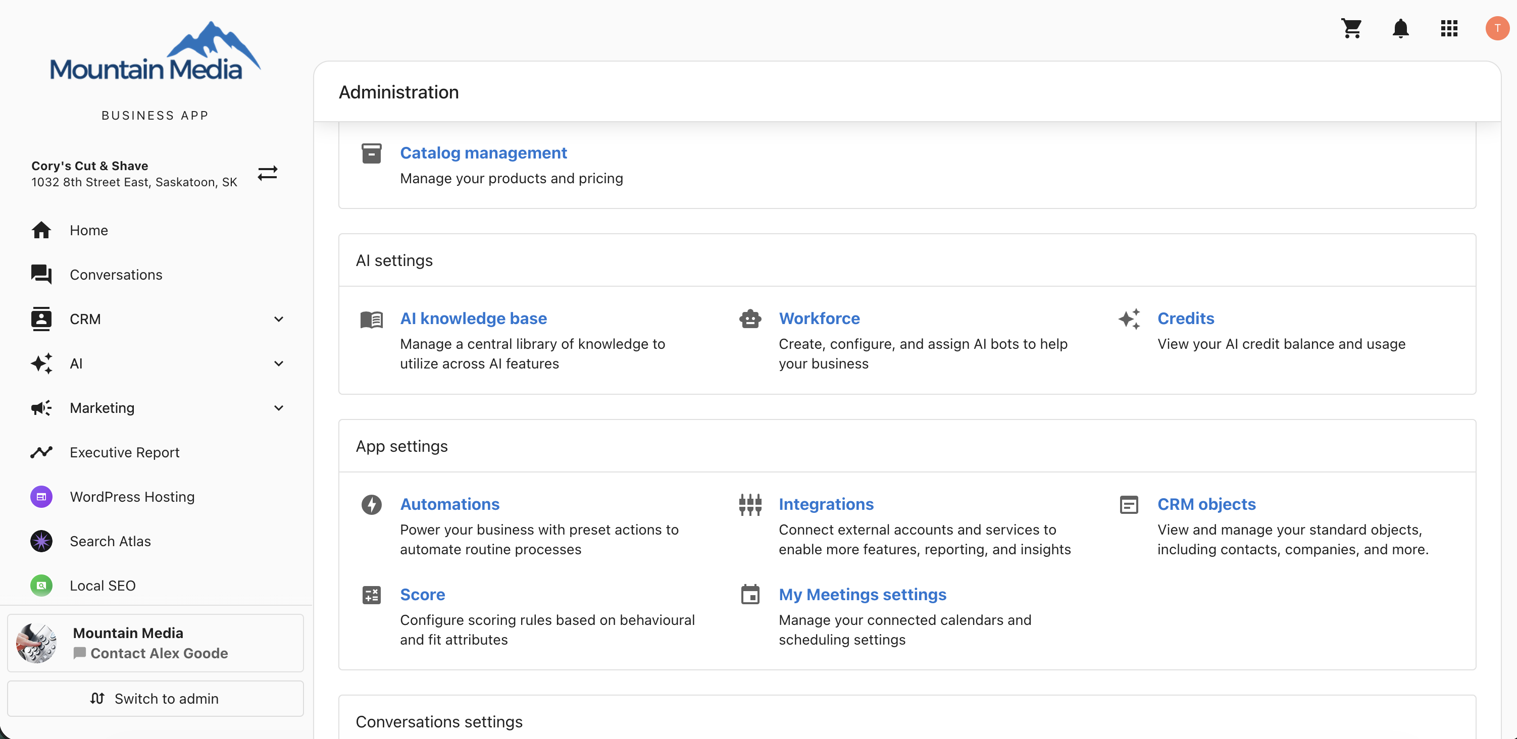 Administration page with the Integrations link under App settings