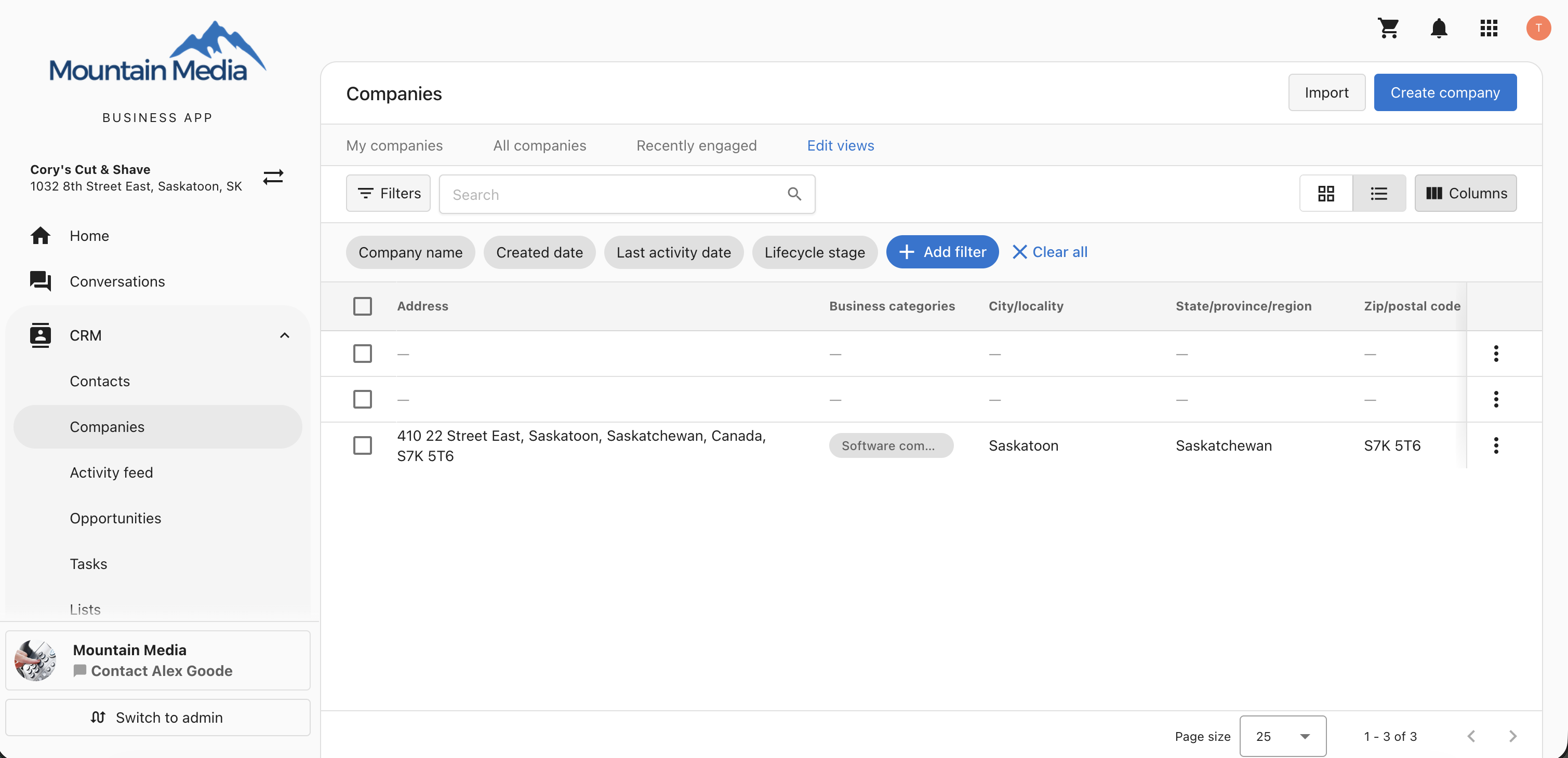 CRM Companies list with the Import button in the top right