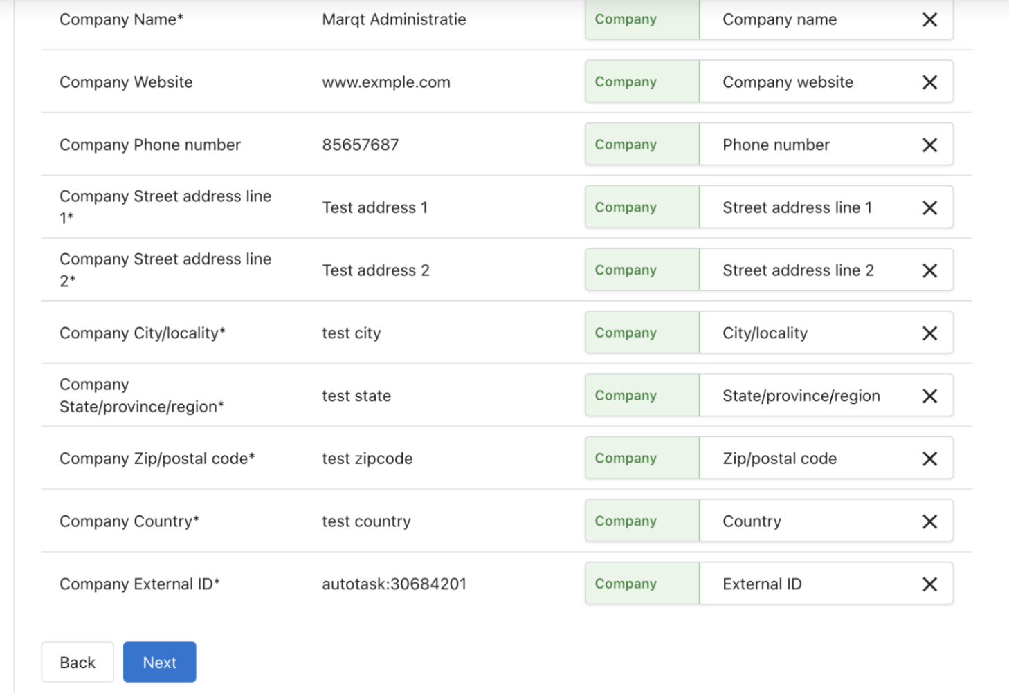 Company CSV field mapping with External ID mapped