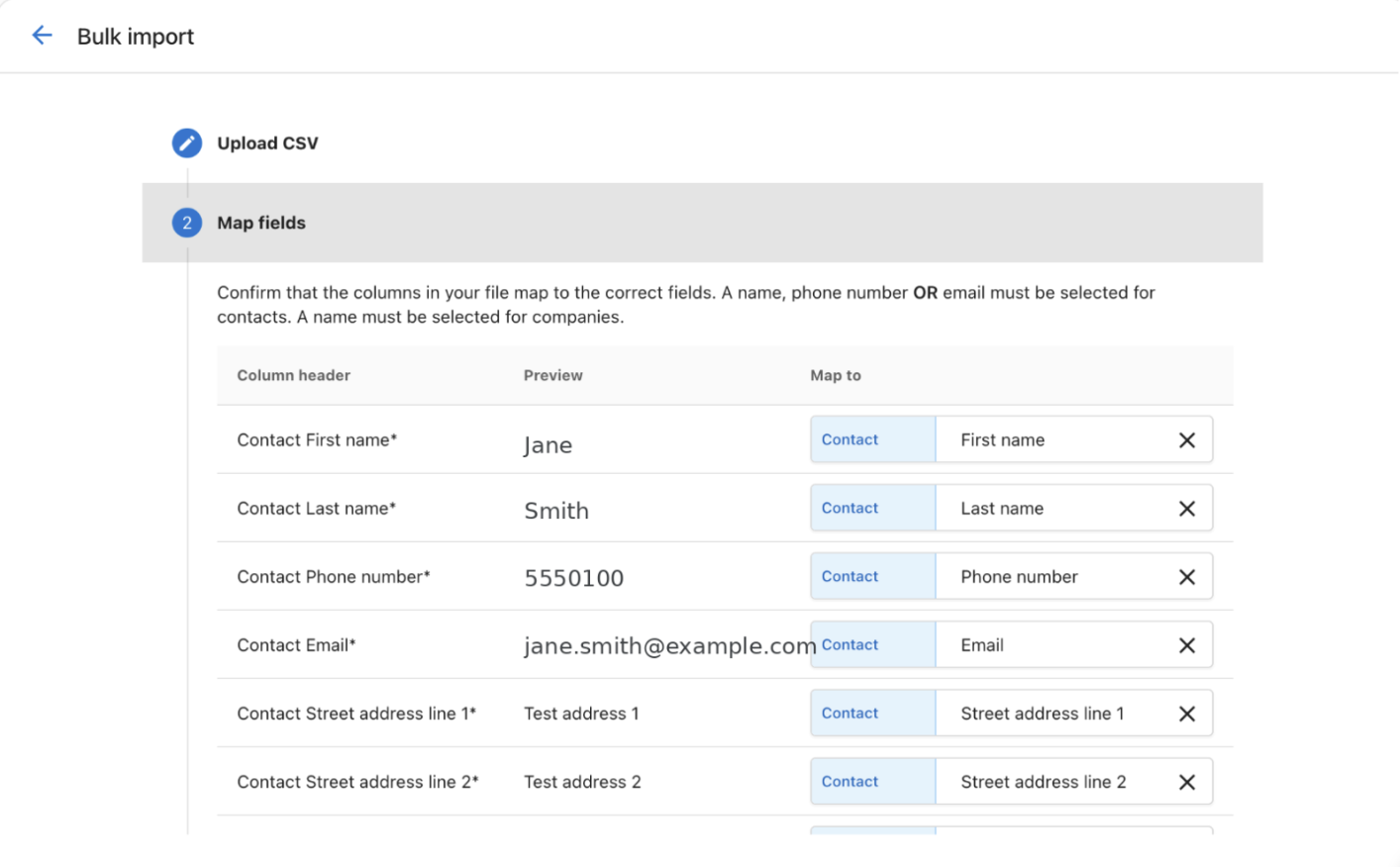 Contact CSV field mapping