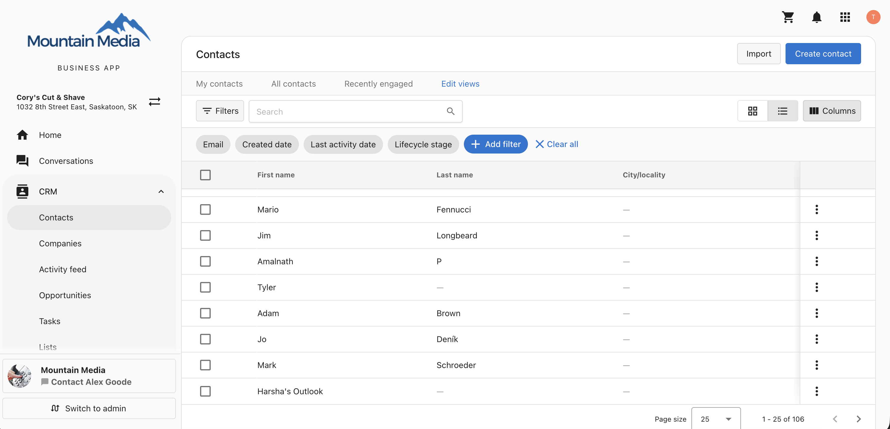 CRM Contacts list with the Import button in the top right