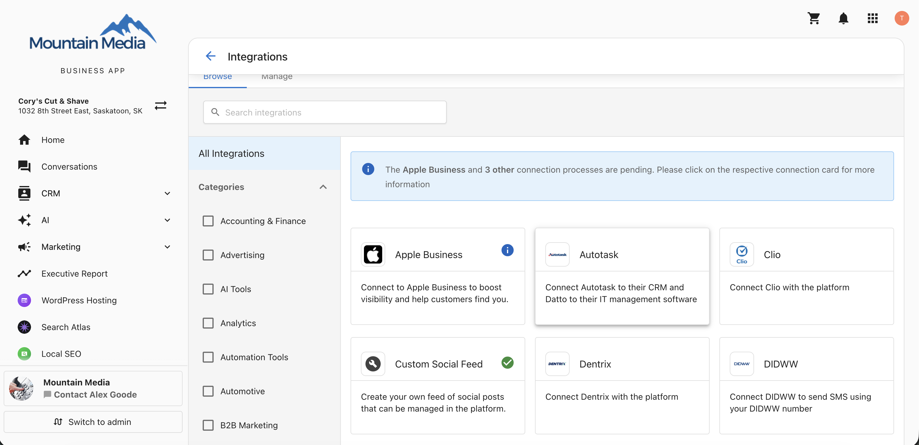 Autotask integration card on the Integrations page