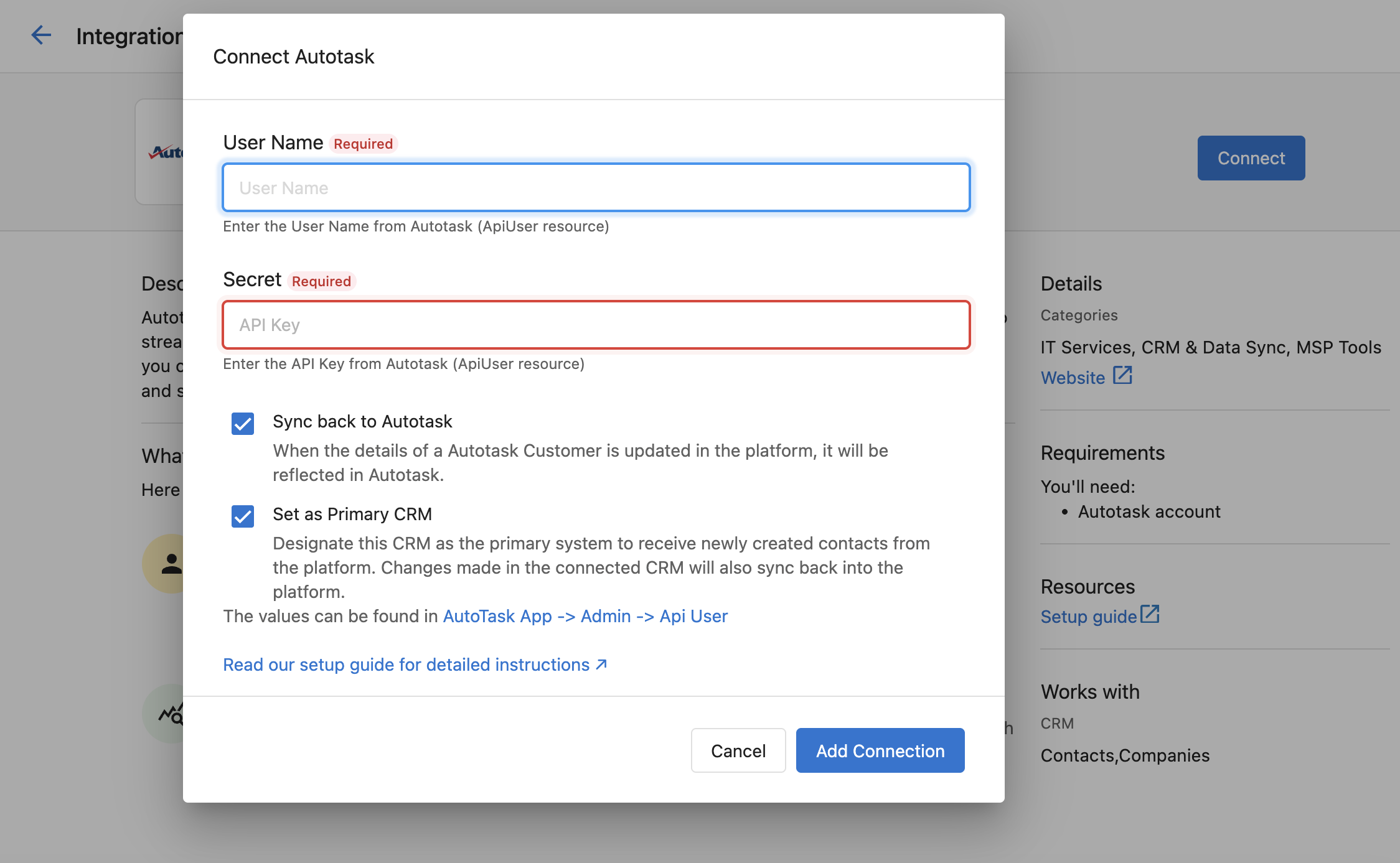 Connect Autotask dialog with the User Name and Secret fields and the two sync checkboxes