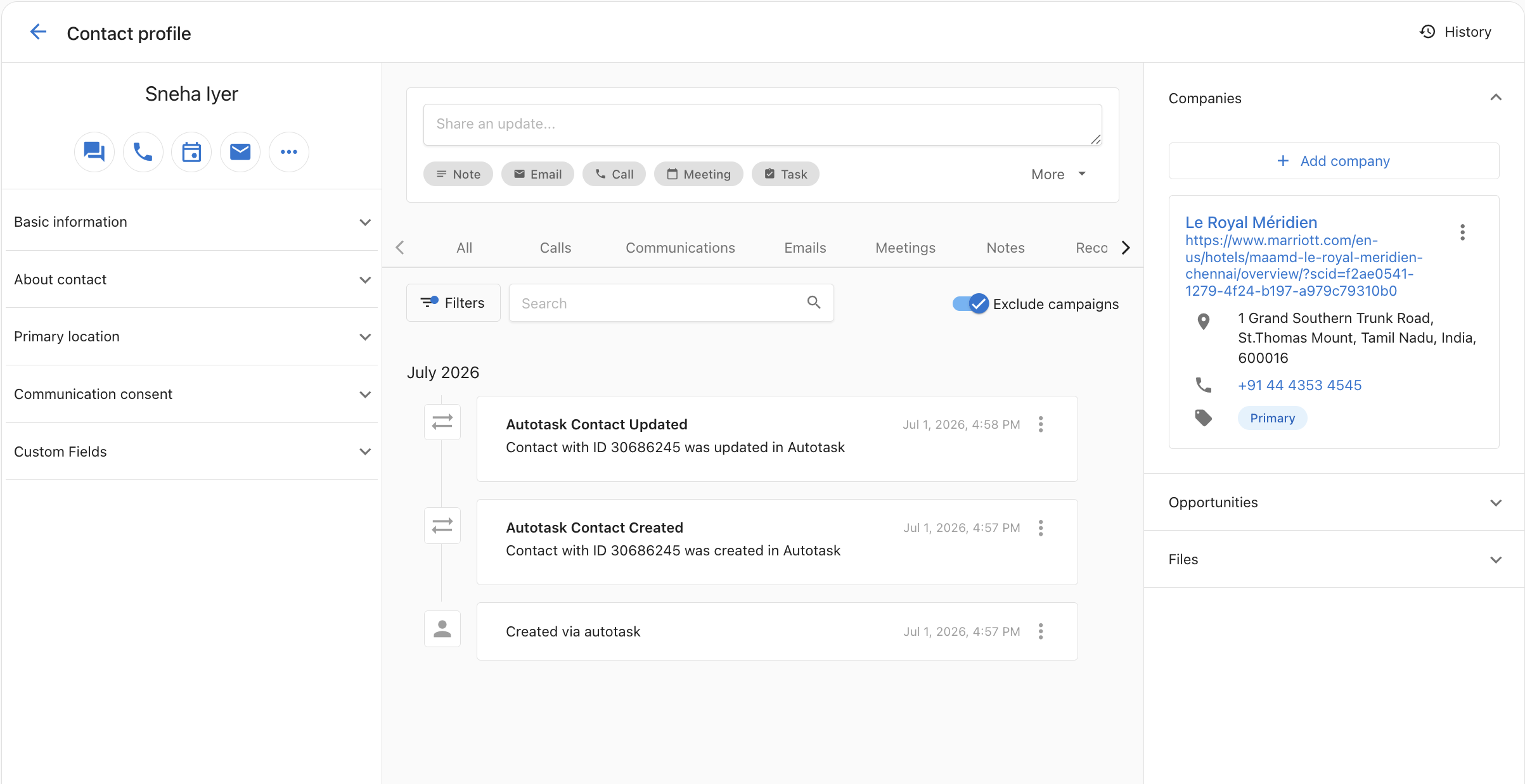 Contact profile showing Autotask sync activity notes